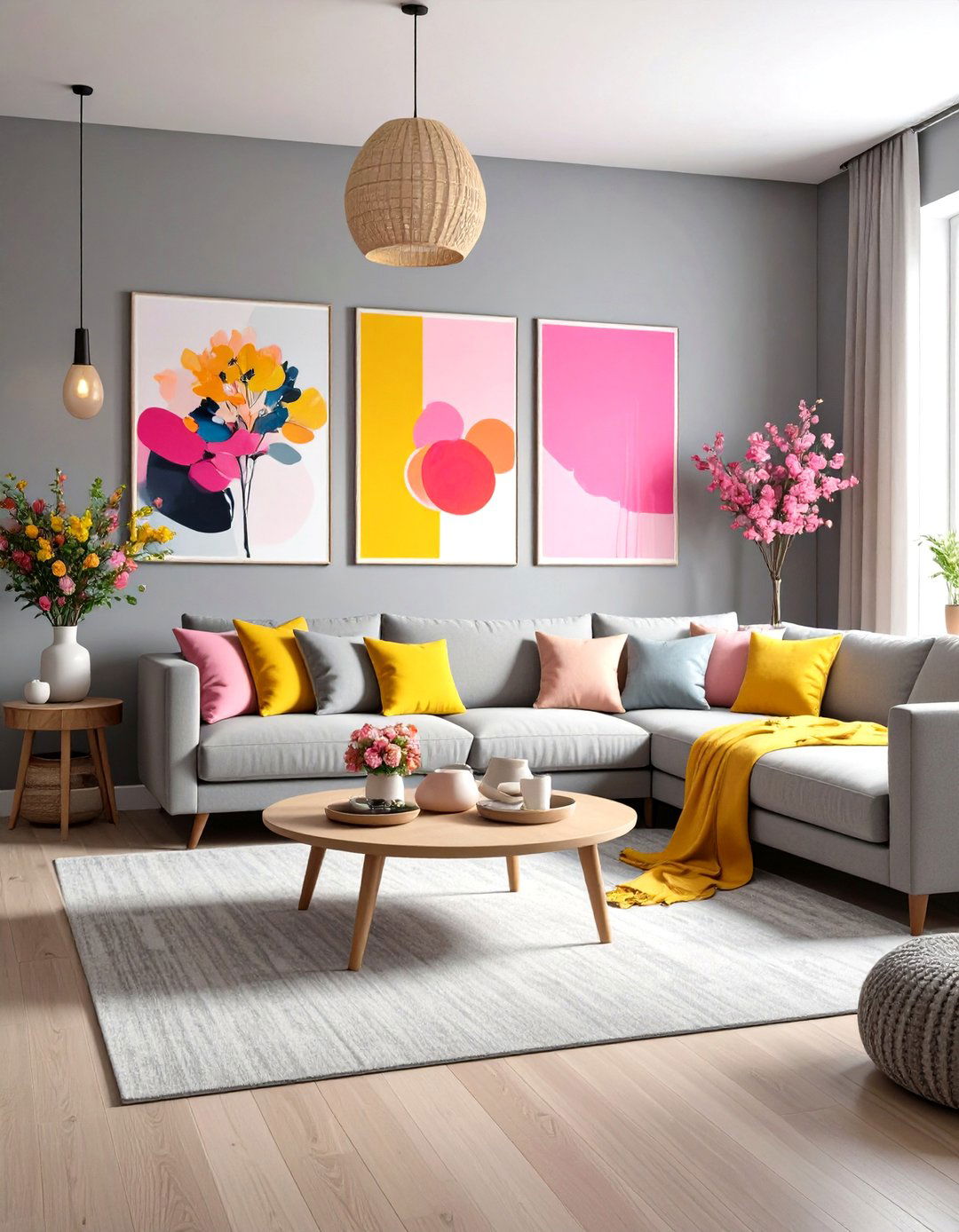 Grey Living Room with Colorful Art Collection - 20 Grey Living Room Ideas