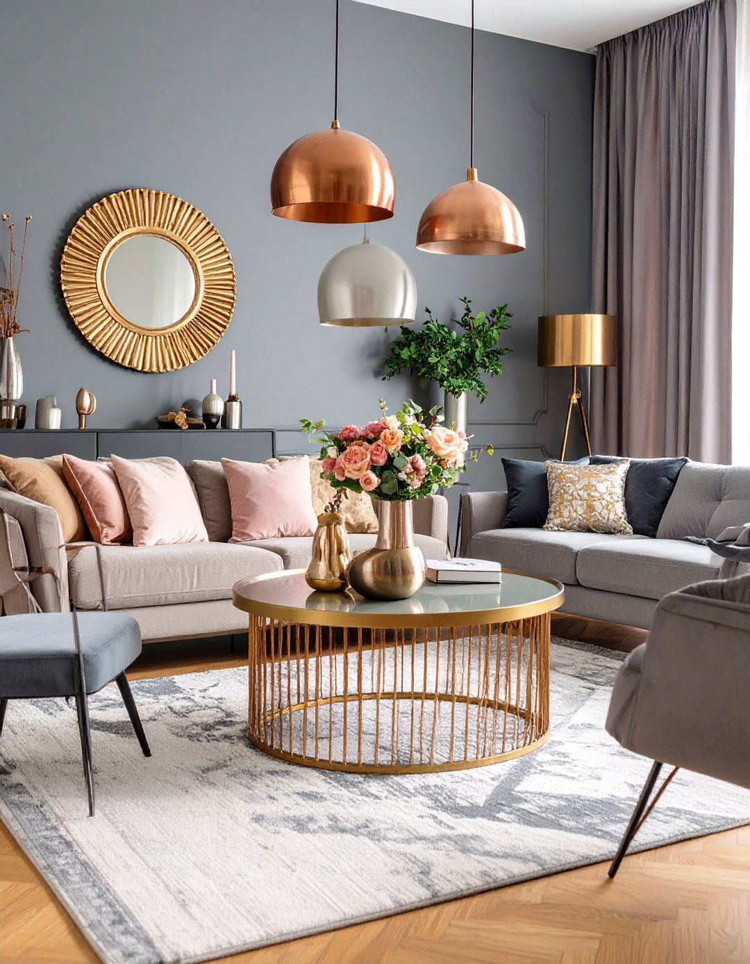 Grey Living Room with Metallic Accents - 20 Grey Living Room Ideas