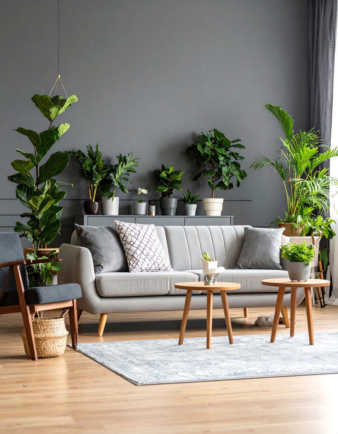 Grey Living Room with Natural Plant Elements - 20 Grey Living Room Ideas