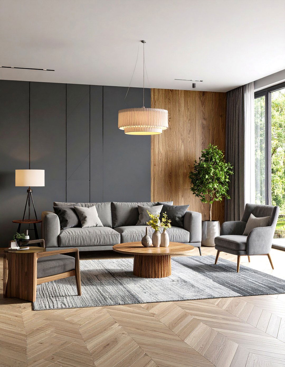 Grey Living Room with Statement Accent Wall - 20 Grey Living Room Ideas
