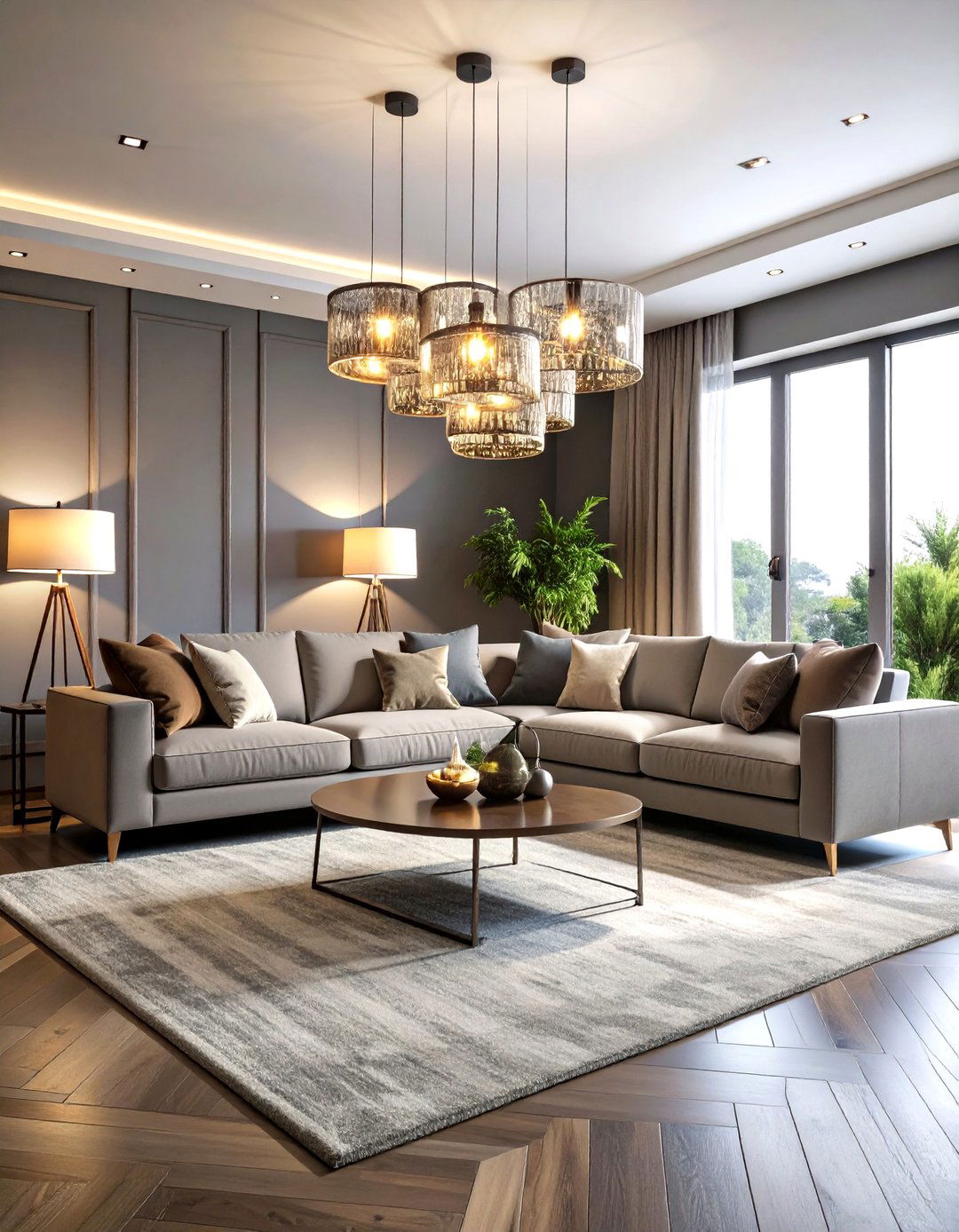 Grey Living Room with Statement Lighting Fixtures - 20 Grey Living Room Ideas