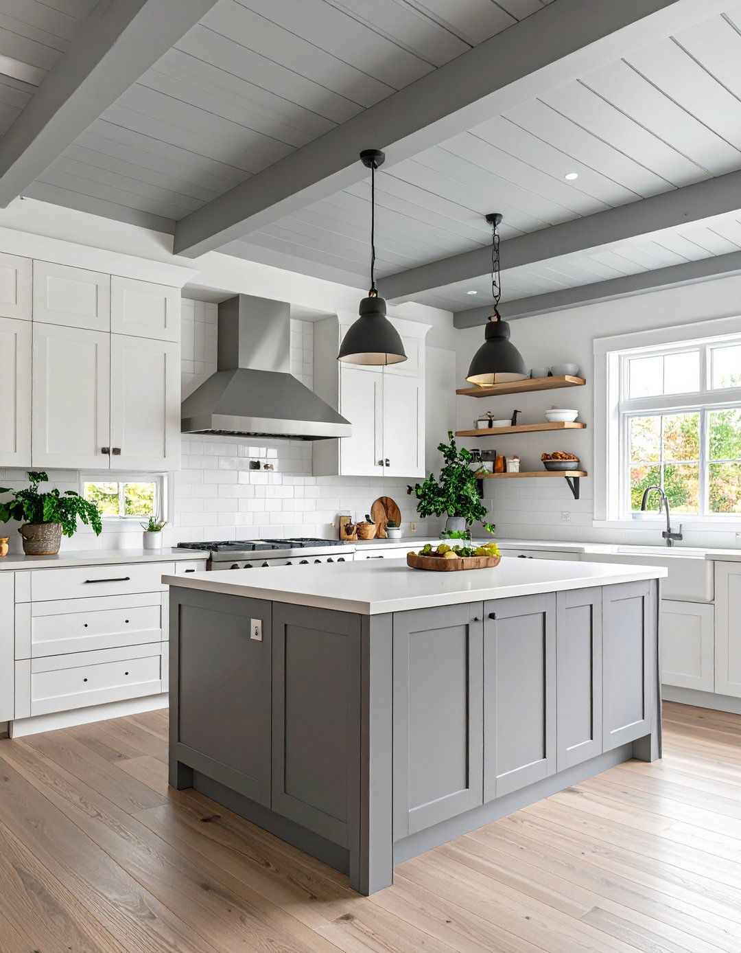 Grey Painted Shiplap Ceiling in White Kitchen - 20 Shiplap Ceiling Ideas