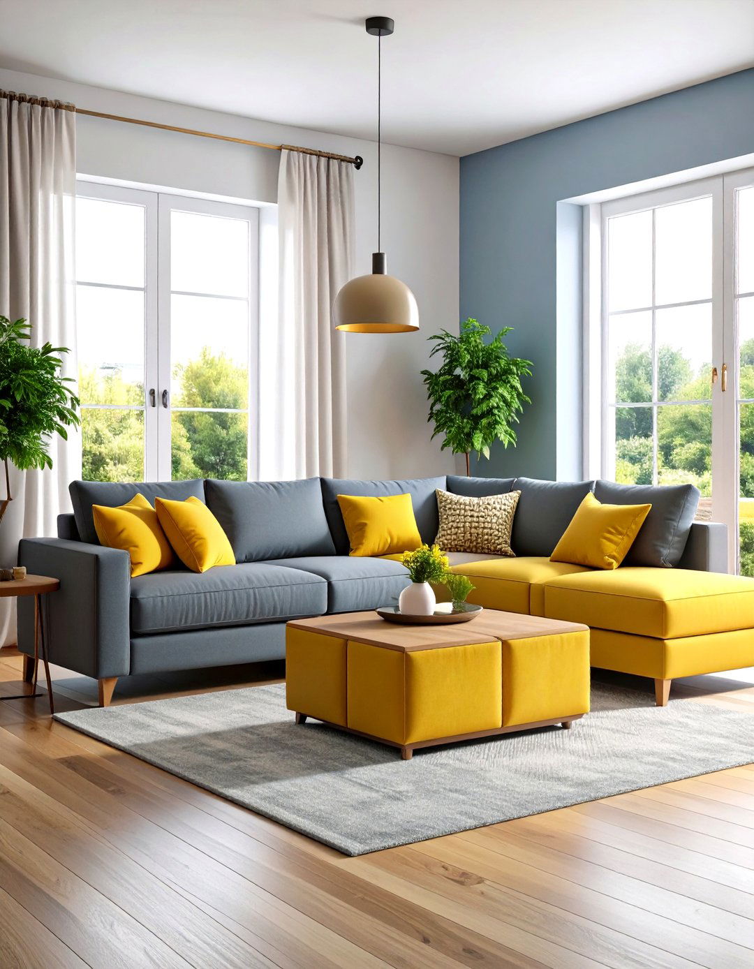Grey Sectional with Convertible Yellow Ottomans Maximizes Living Room Flexibility - 20 Grey and Yellow Living Room Ideas