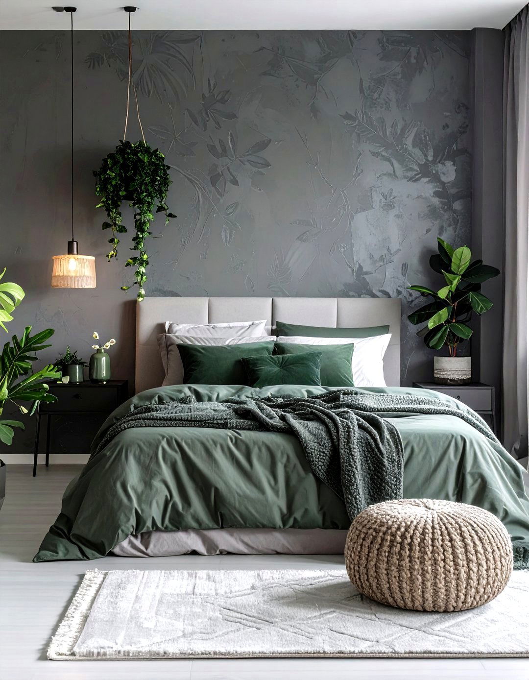 Grey Statement Wallpaper with Sage Accents - 20 Sage Green and Grey Bedroom Ideas