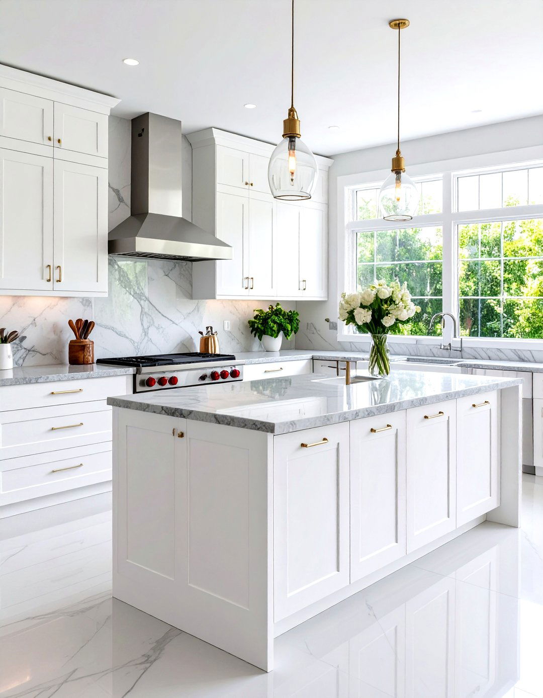 Grey Stone Countertops in a White Flat Panel Kitchen - 20 Grey and White Kitchen Designs
