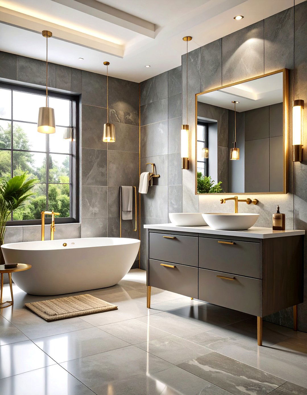 Grey Tile Plus Brass Fixtures Elegance - 20 Grey Tile Bathroom Ideas