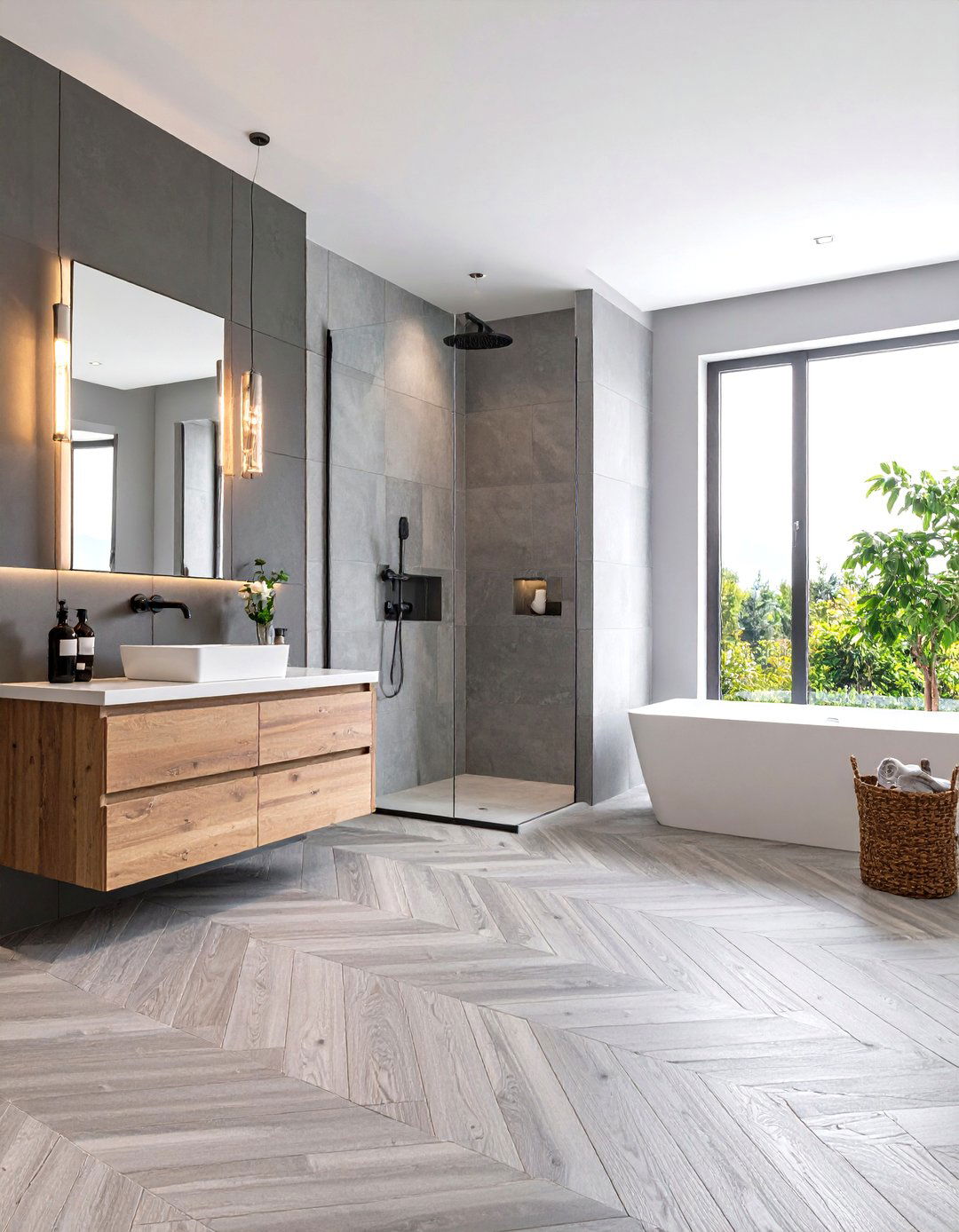 Grey Wood Look Tile for Organic Warmth - 20 Grey Tile Bathroom Ideas