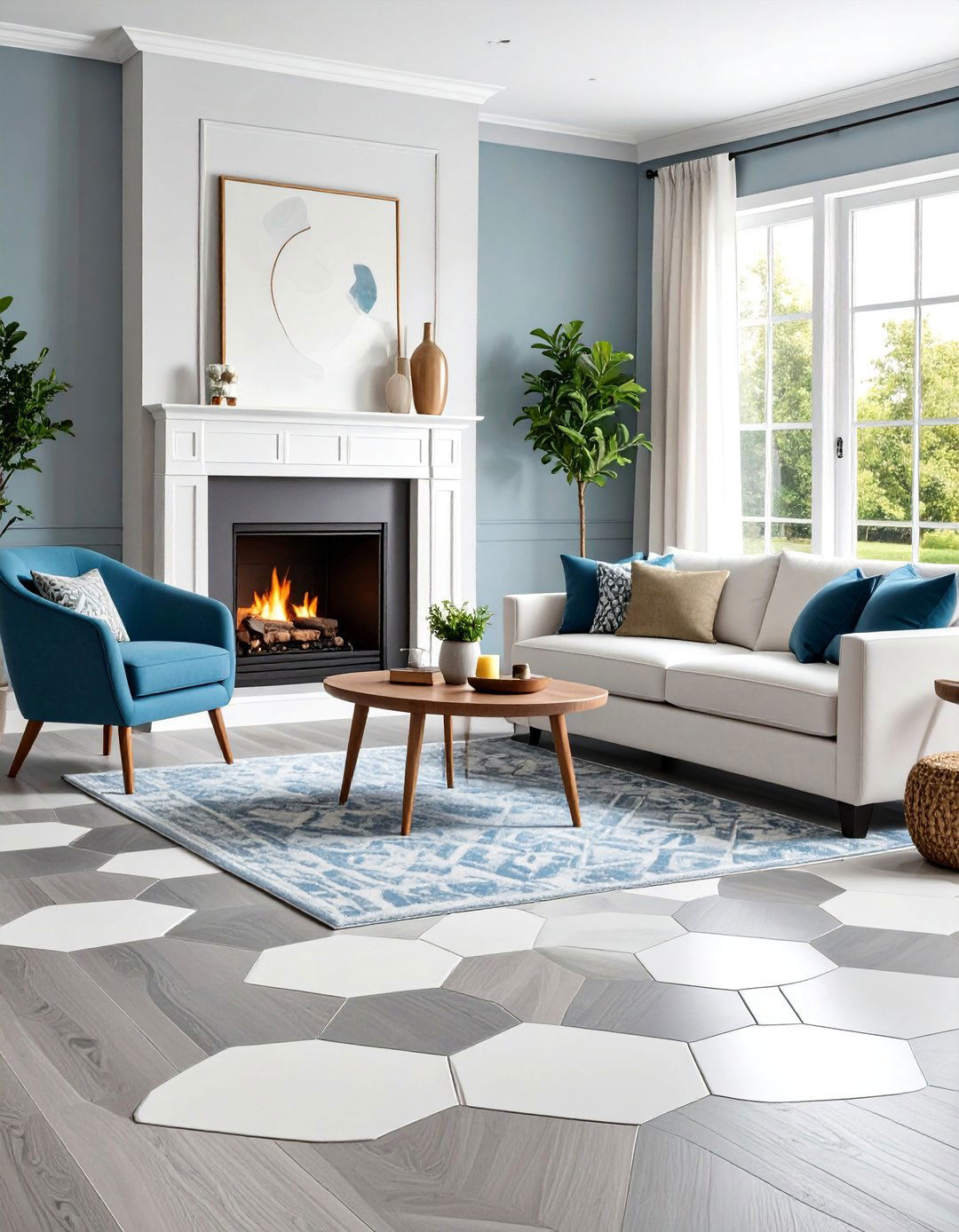 Grey Wood and Tile Inlay Flooring Living Room - 20 grey flooring living room ideas