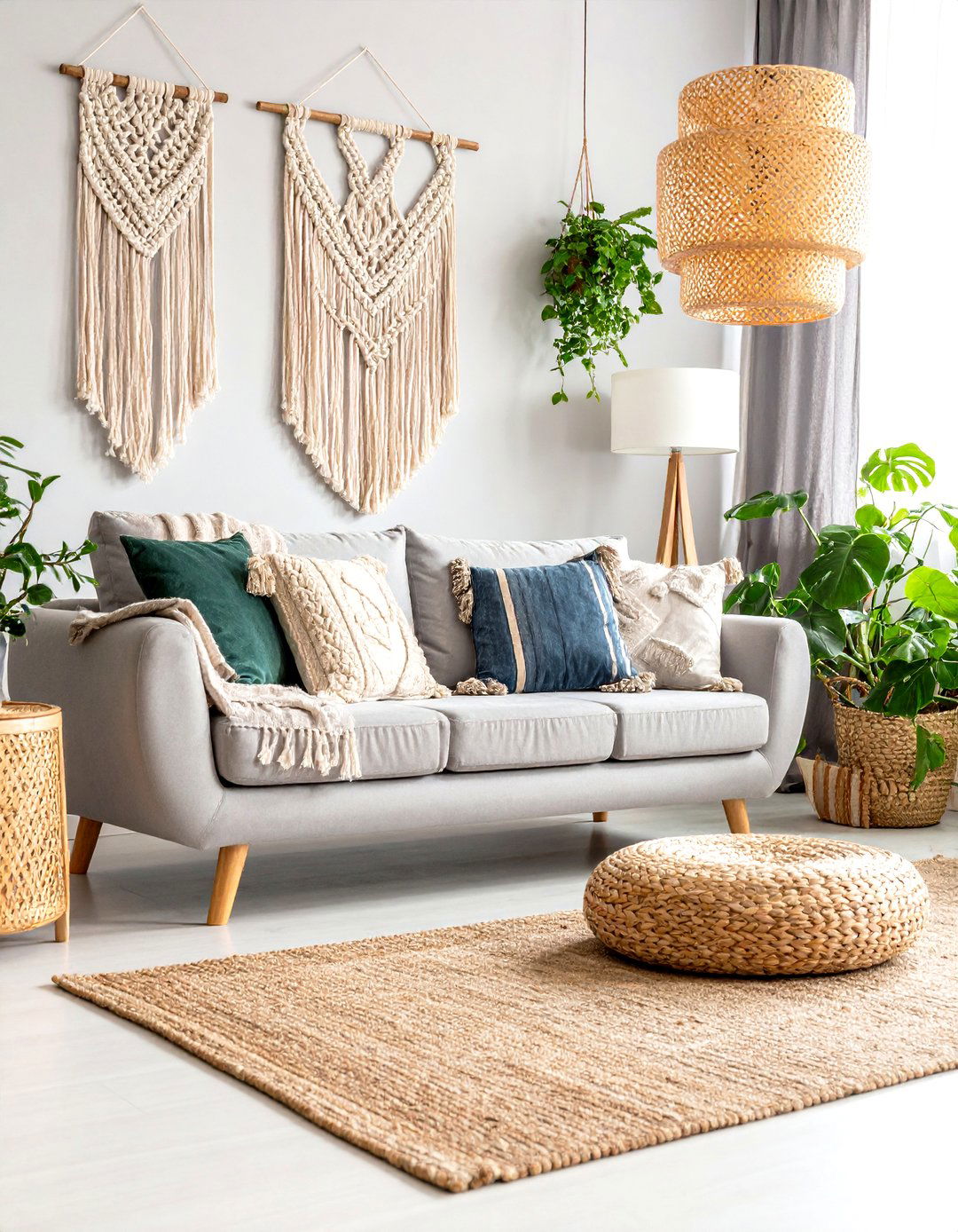 Grey and Beige Boho Living Room with Layered Textures - 20 Grey and Beige Living Room Ideas
