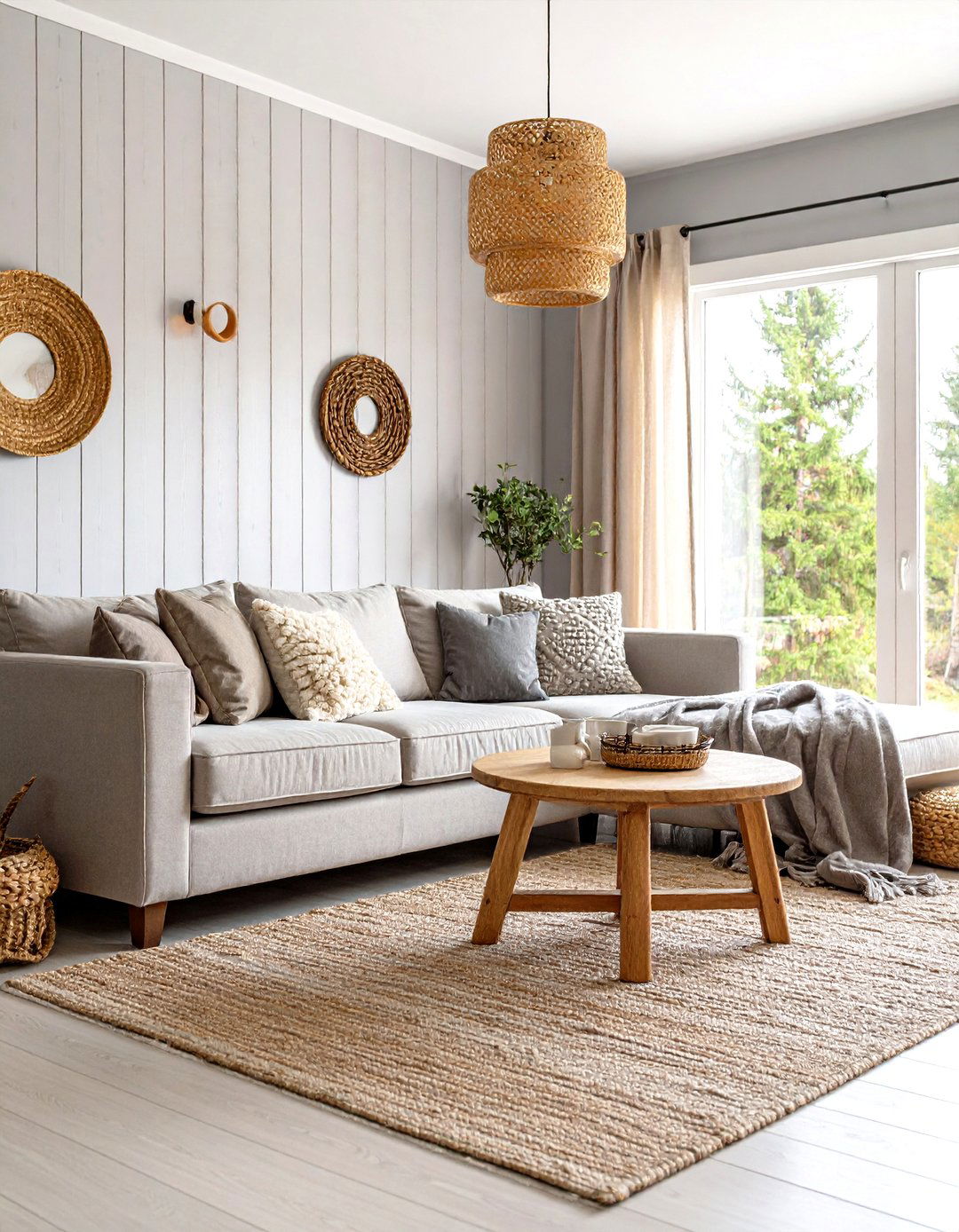Grey and Beige Farmhouse Living Room with Shiplap Walls - 20 Grey and Beige Living Room Ideas