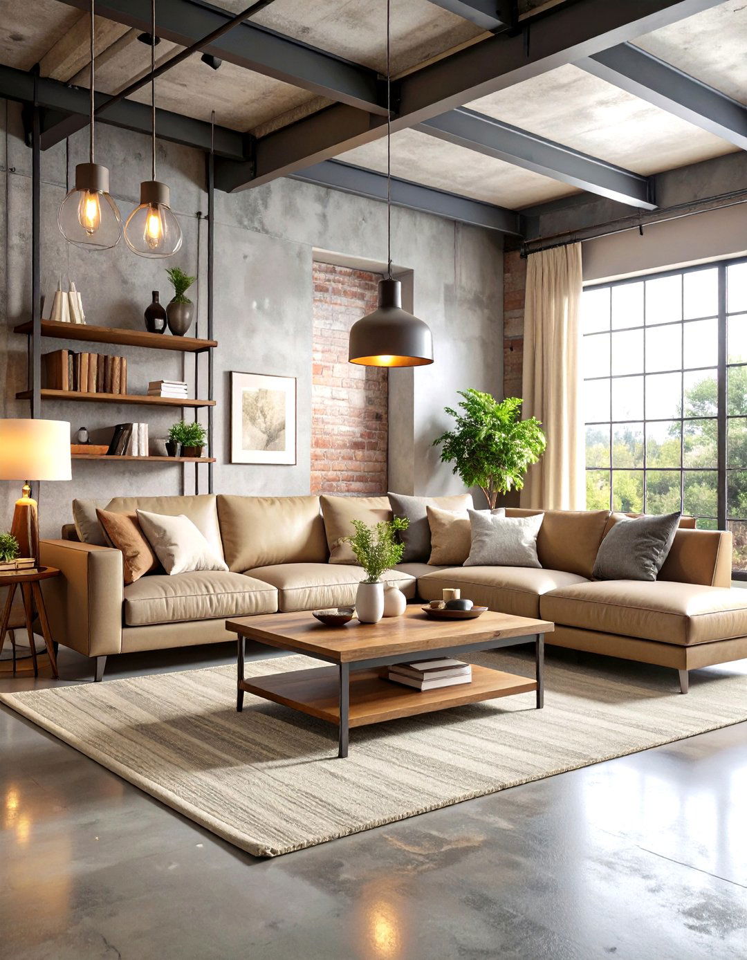 Grey and Beige Industrial Living Room with Exposed Elements - 20 Grey and Beige Living Room Ideas