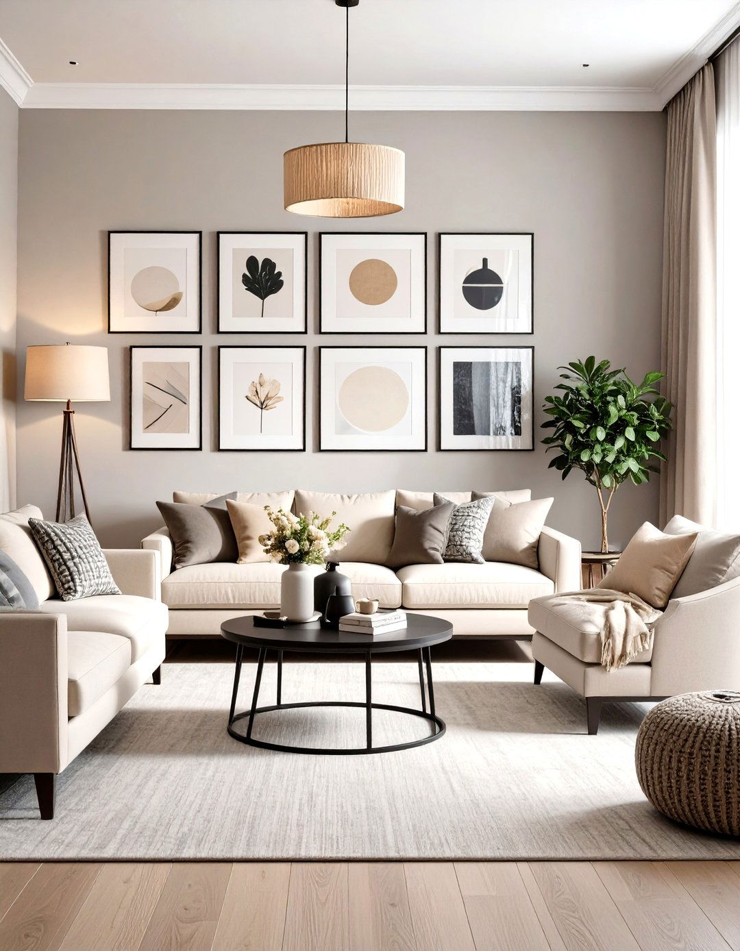 Grey and Beige Living Room with Curated Gallery Wall - 20 Grey and Beige Living Room Ideas