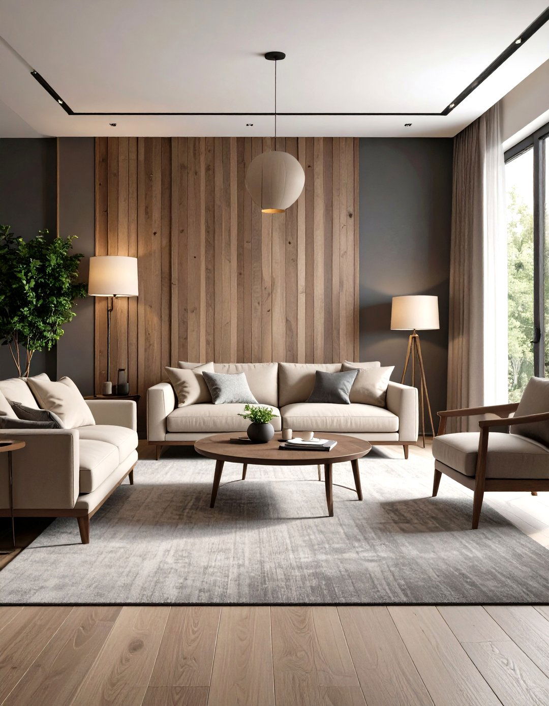 Grey and Beige Living Room with Statement Wall Feature - 20 Grey and Beige Living Room Ideas