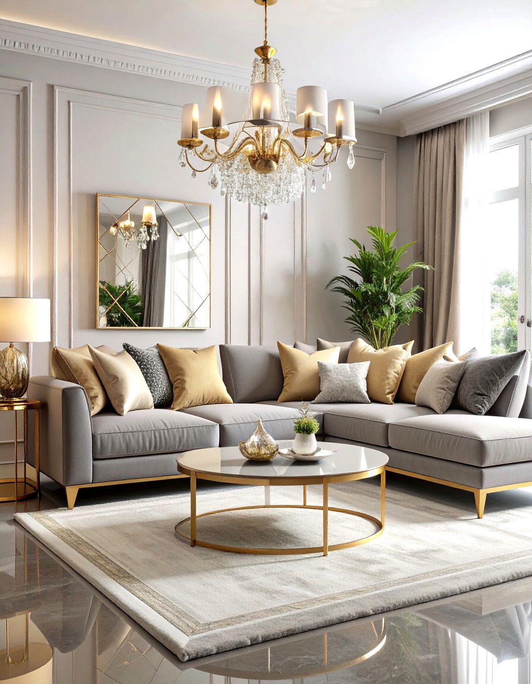 Grey and Beige Luxury Glamorous Living Room with Metallic Accents - 20 Grey and Beige Living Room Ideas