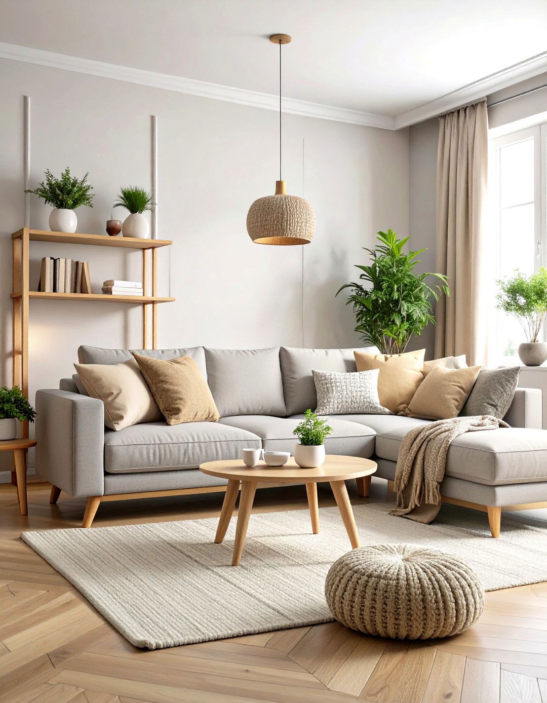 Grey and Beige Scandinavian Living Room with Natural Textures - 20 Grey and Beige Living Room Ideas