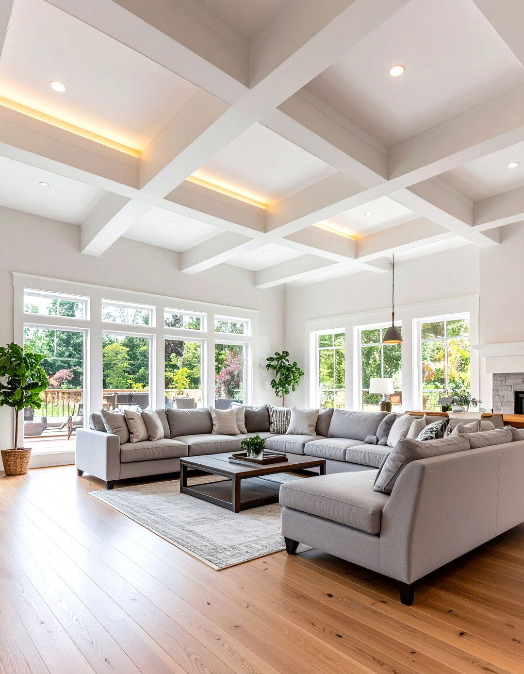 Grey and White Ceiling Beams with Hidden LED Lighting - 20 Grey and White House Interior Design Ideas
