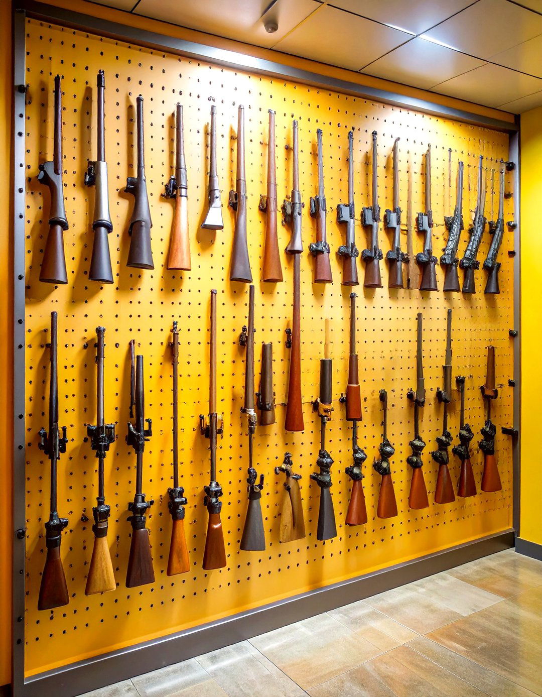 Grid Panel Gun Wall Mixing Vertical and Horizontal Displays - 20 Gun Wall Ideas