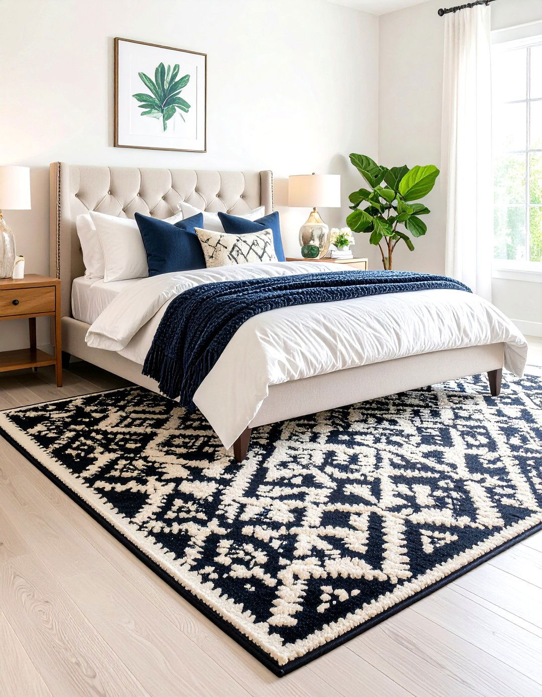 Ground Cream Floors with a Black Geometric Rug - 20 Cream and Black Bedroom Ideas