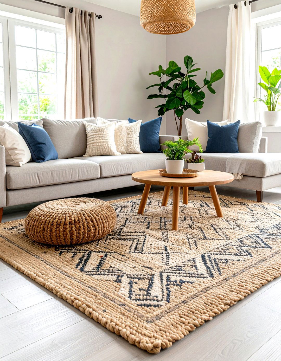 Ground the Scheme With a Statement Rug - 20 Greige Living Room Ideas