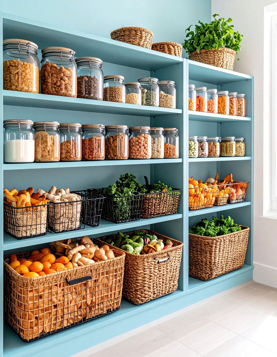 Group Items in Basket Bins - 20 Small Pantry Ideas