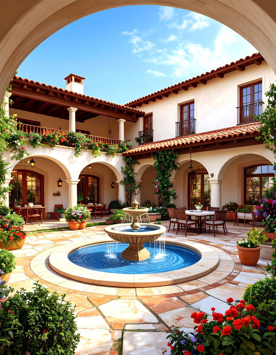 Hacienda Style Spanish Courtyard with Covered Loggia - 20 Spanish Courtyard Ideas