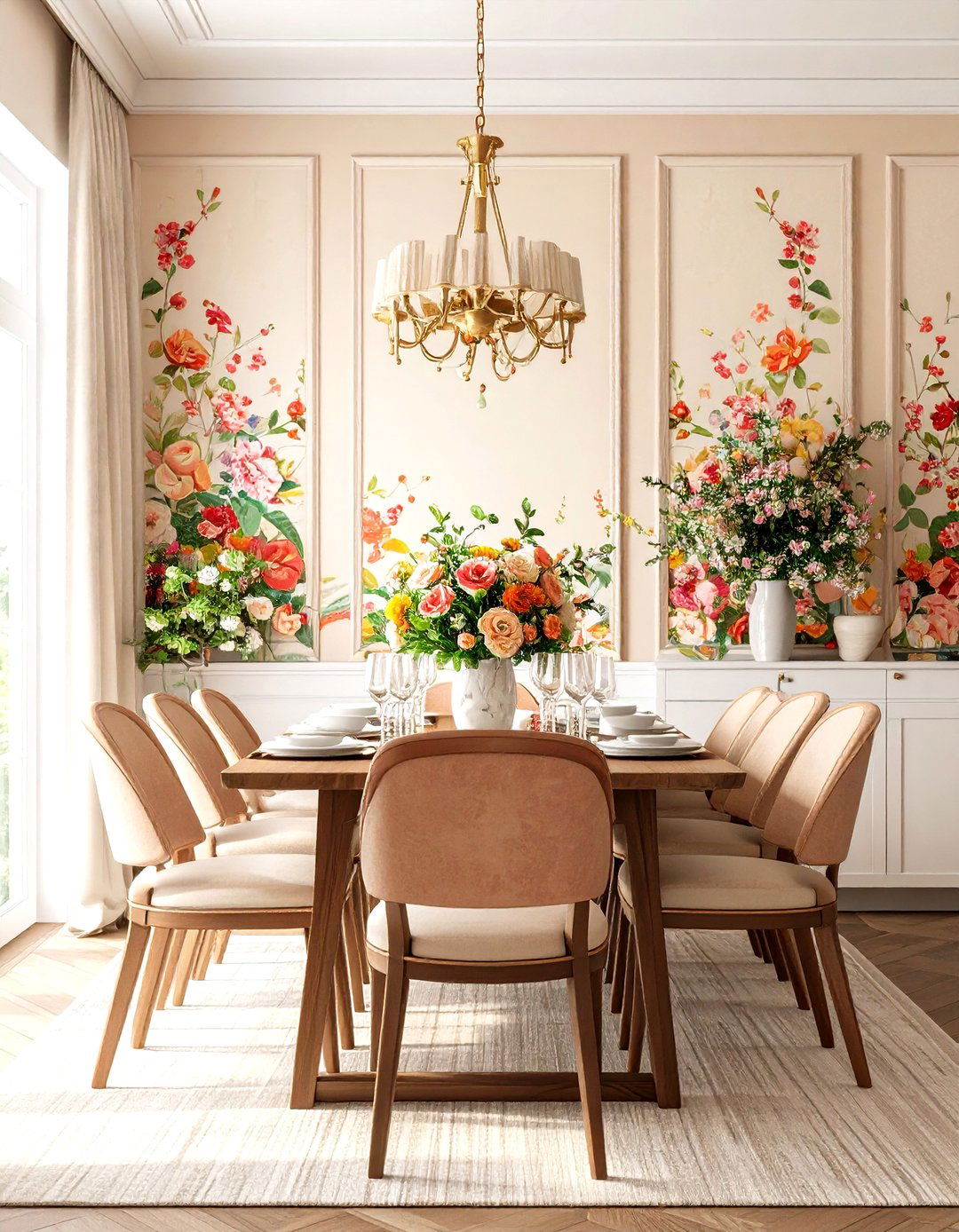 Half Height Wall Paneling Paired with Bold Wallpaper - 20 Dining Room Wall Paneling Ideas