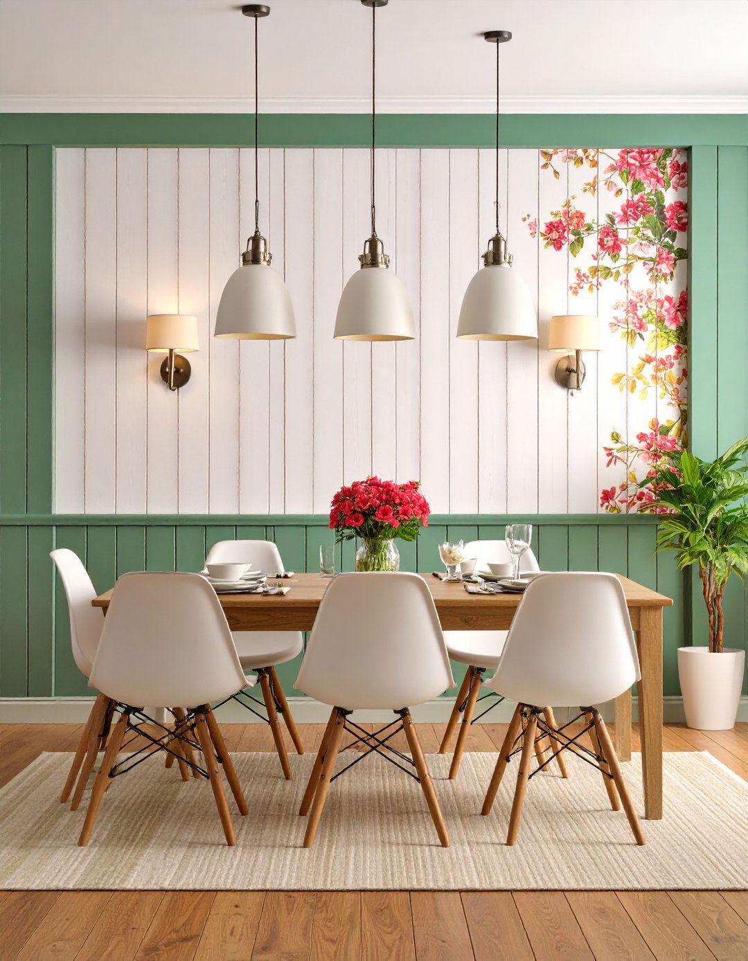 Half Wall Shiplap with Wallpaper Above - 20 Shiplap Dining Room Wall Ideas