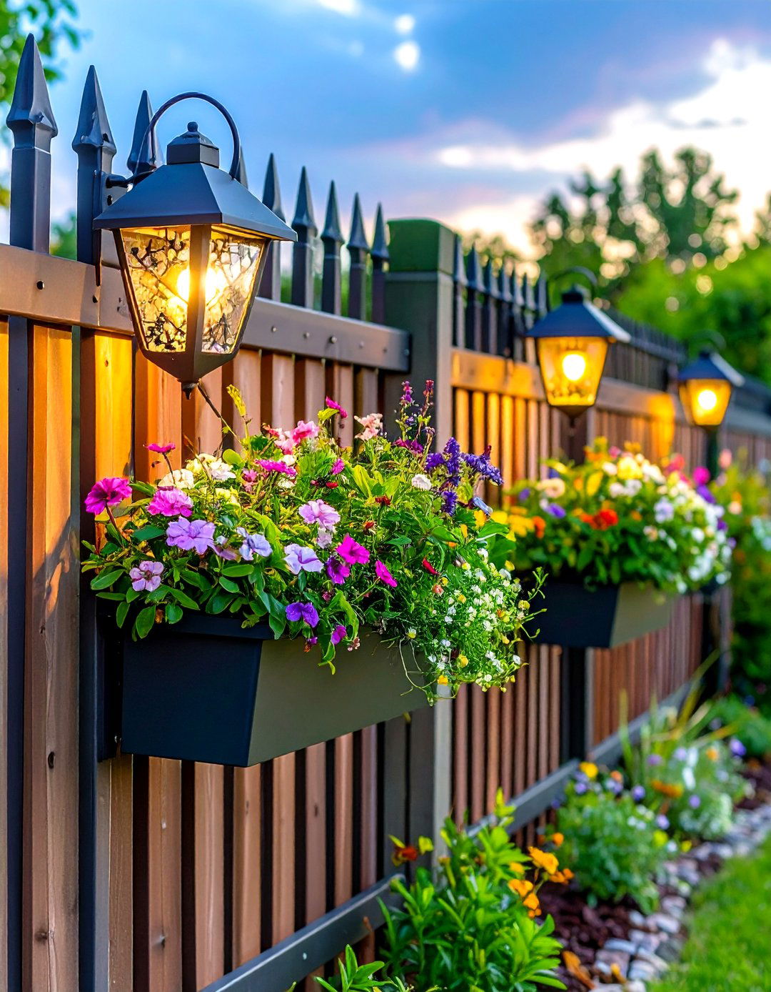 Hang Decorative Planters and Lanterns - 20 Simple Fence Line Landscaping Ideas
