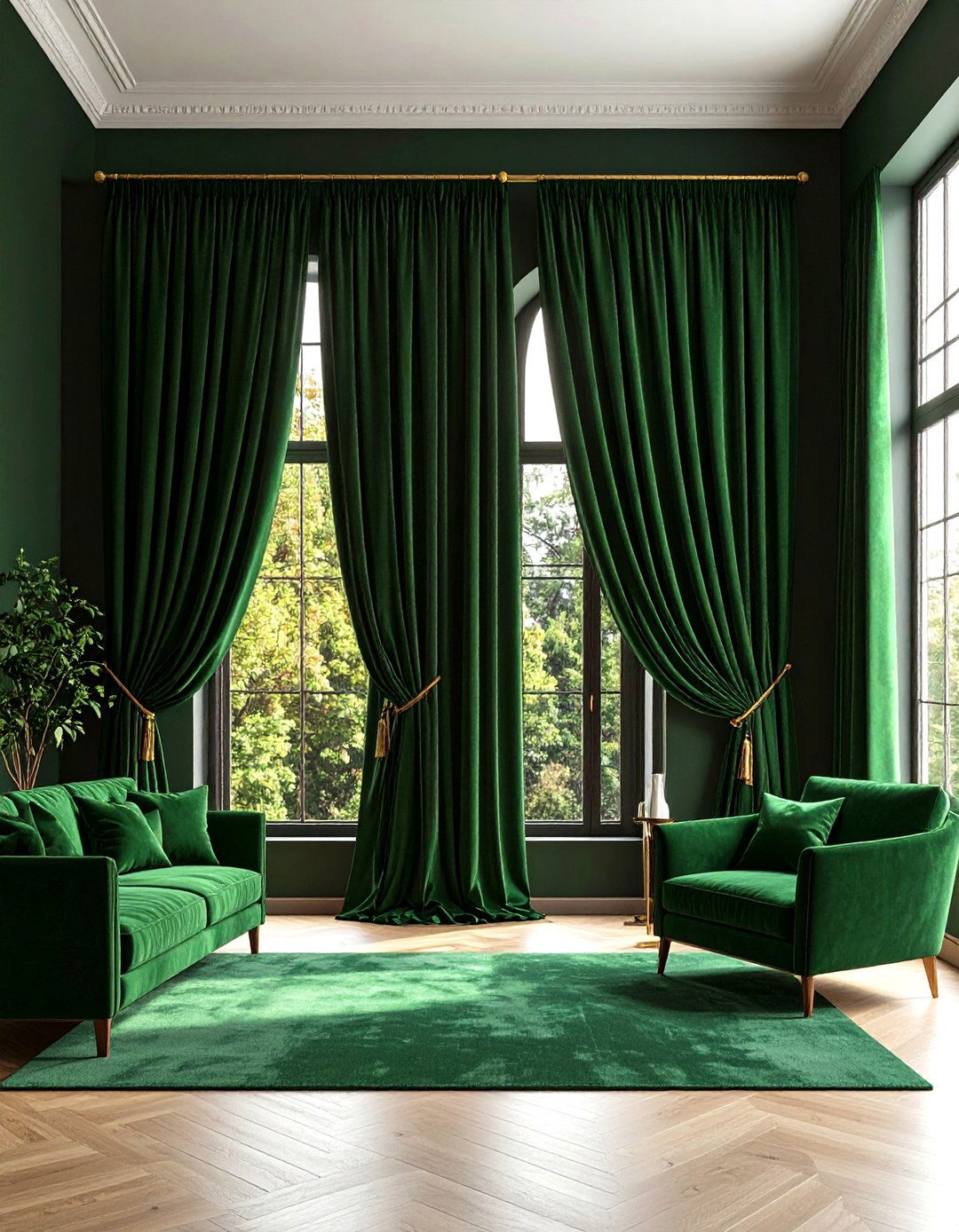 Hang Floor Skimming Forest Green Curtains - 20 Forest Green Living Room Ideas