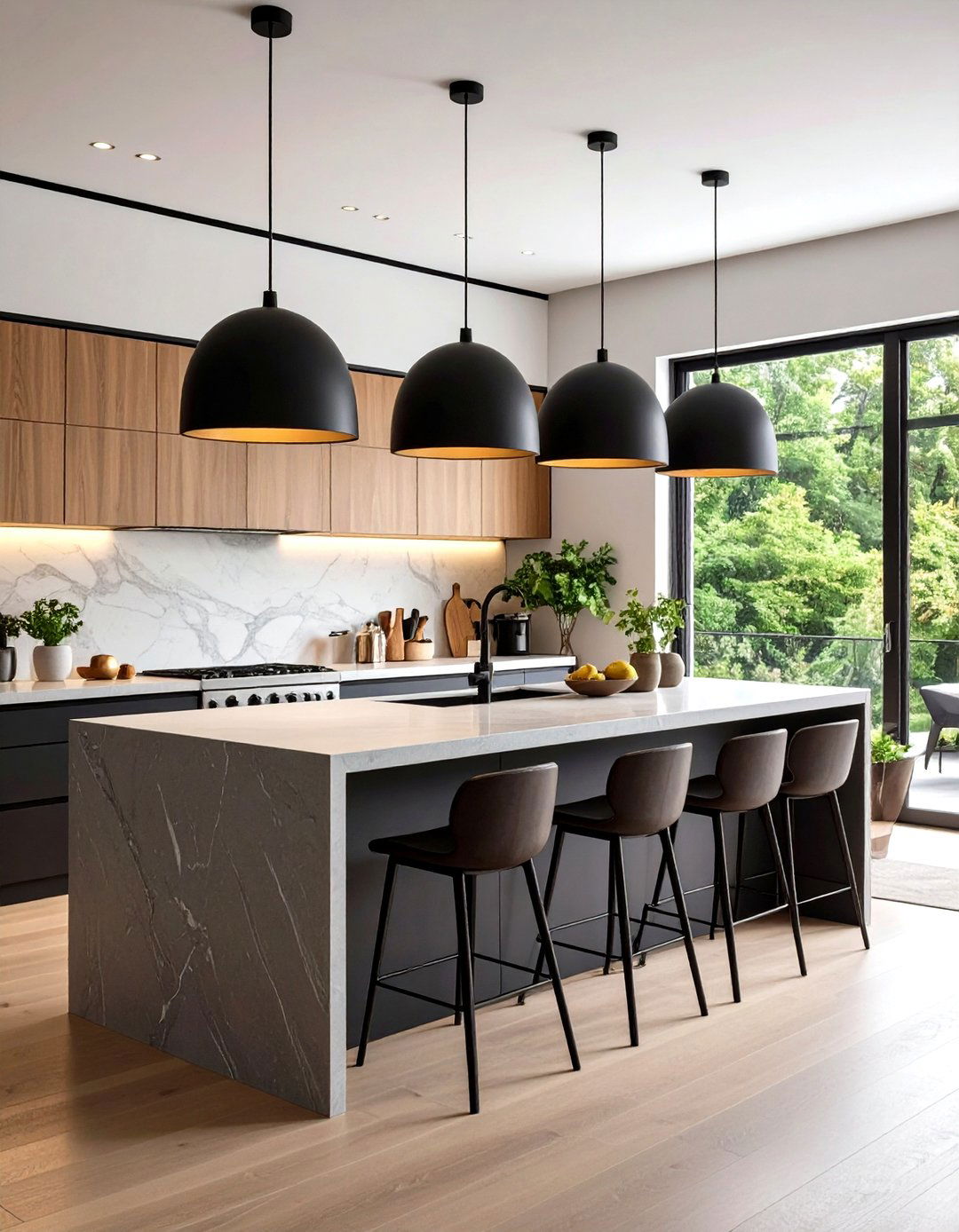 Hang Oversize Black Pendants Above a Gray Breakfast Bar - 20 Gray and Black Kitchen Ideas