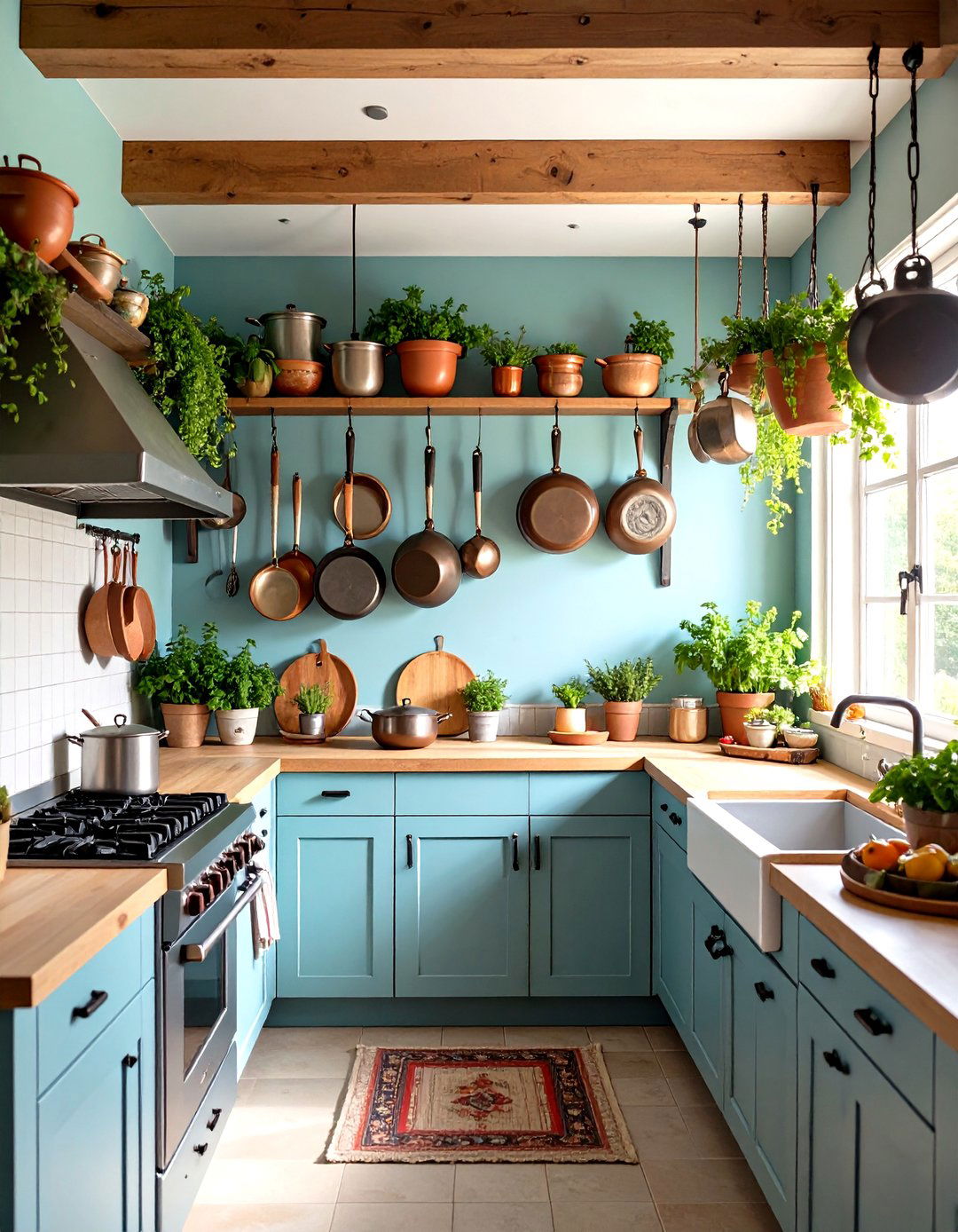 Hang Pots and Pans from Ceiling Hooks - 20 Small Kitchen Ideas on a Budget