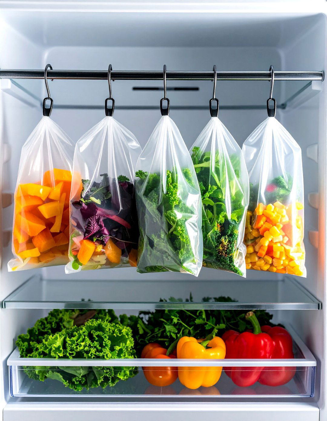 Hang Reusable Silicone Bags Under a Fridge Shelf - 20 Fridge Organization Ideas