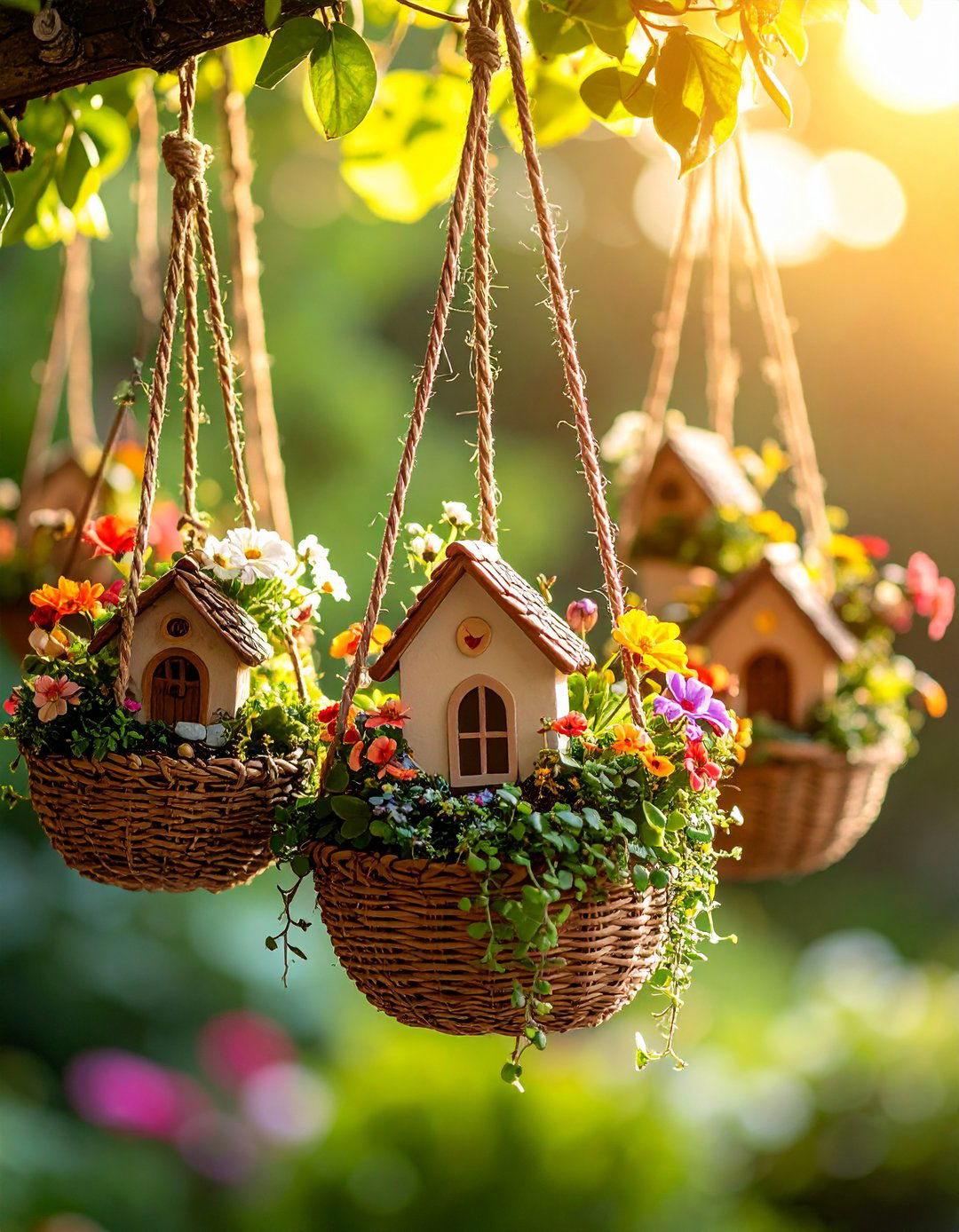 Hanging Basket Fairy Garden Container Airy Canopy Cottage - 20 Fairy Garden Container Ideas