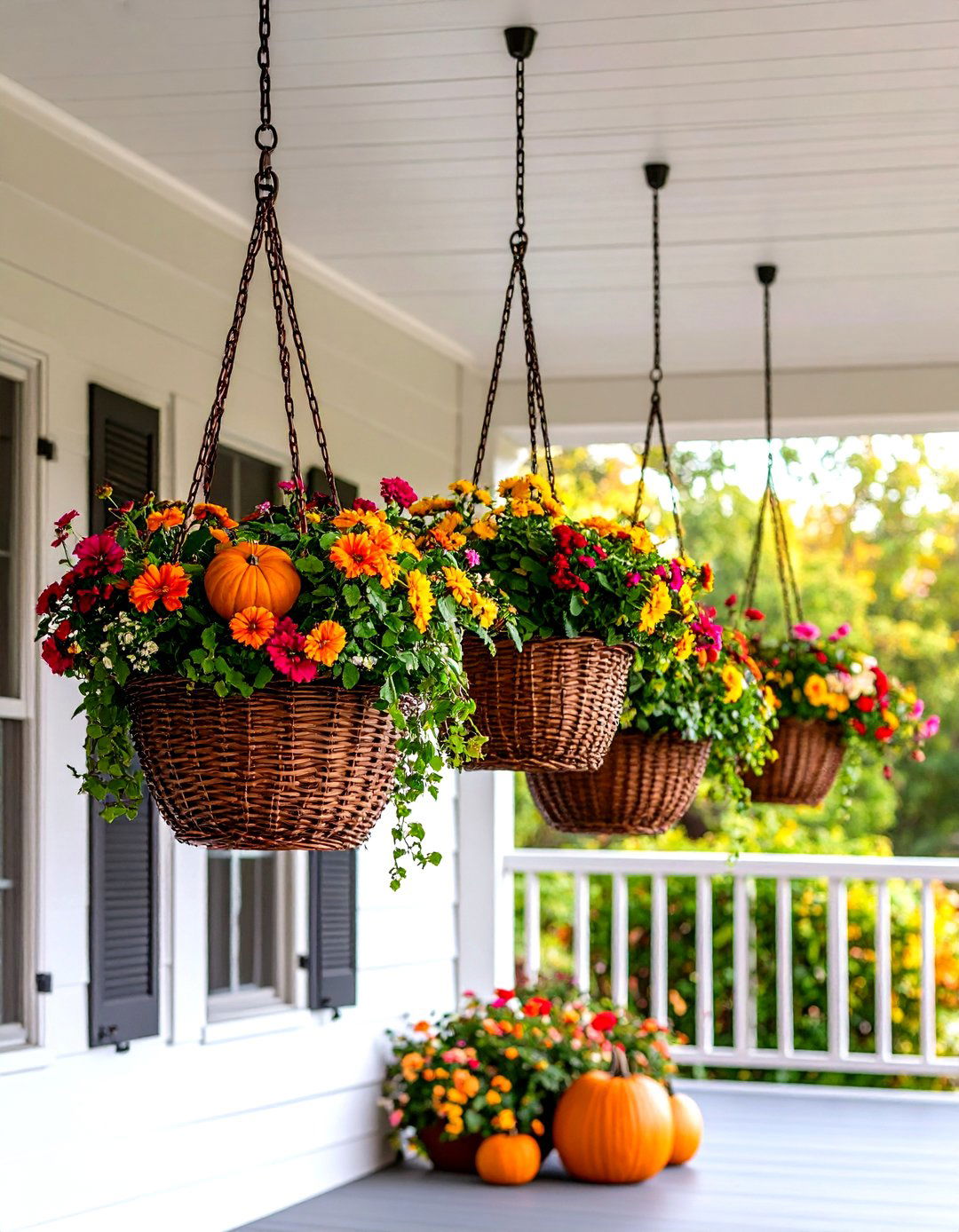 Hanging Basket Fall Porch Aerial Garden - 20 Fall Porch Decor Ideas