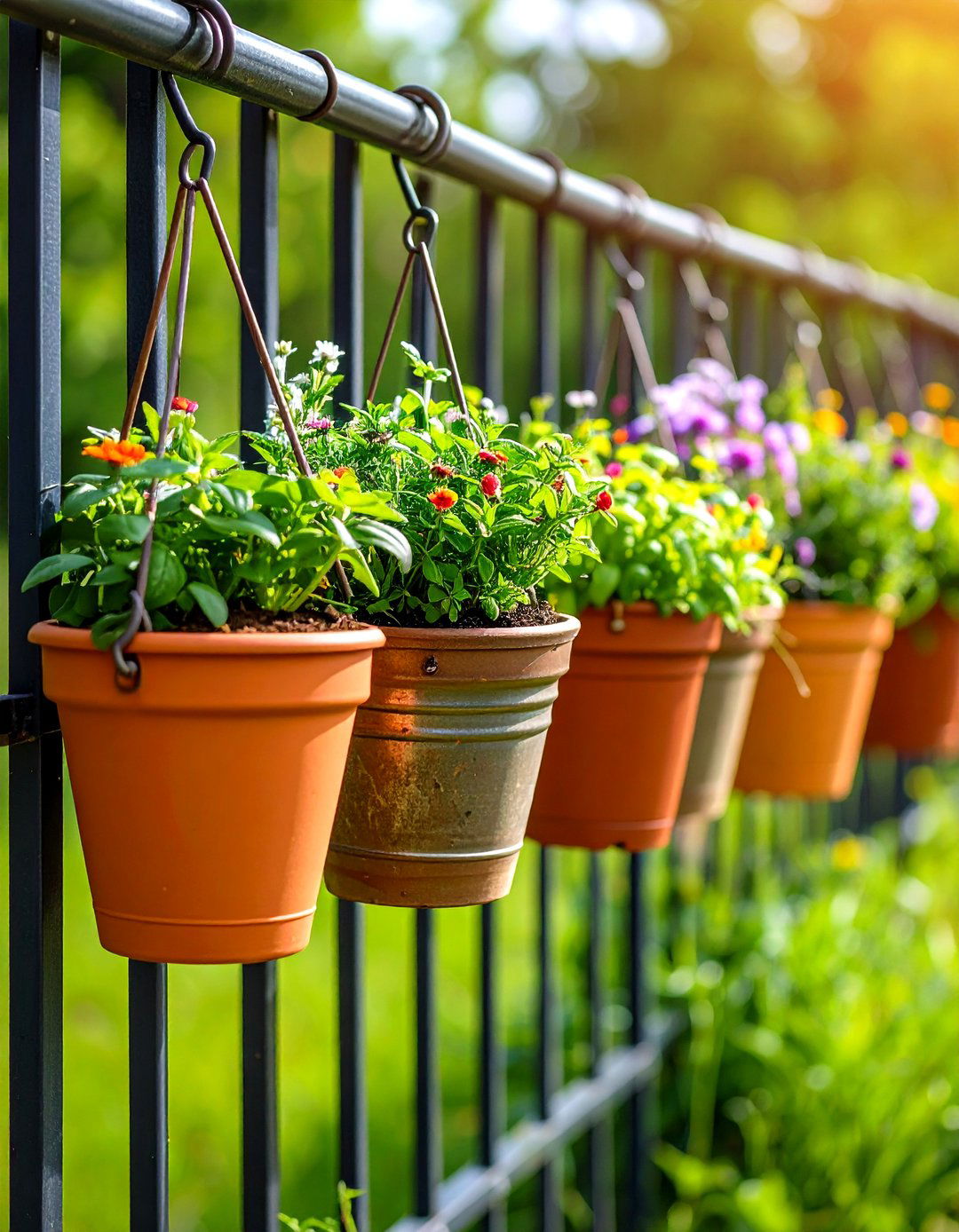 Hanging Ceramic Planter Fence Art Row - 20 Fence Art Ideas