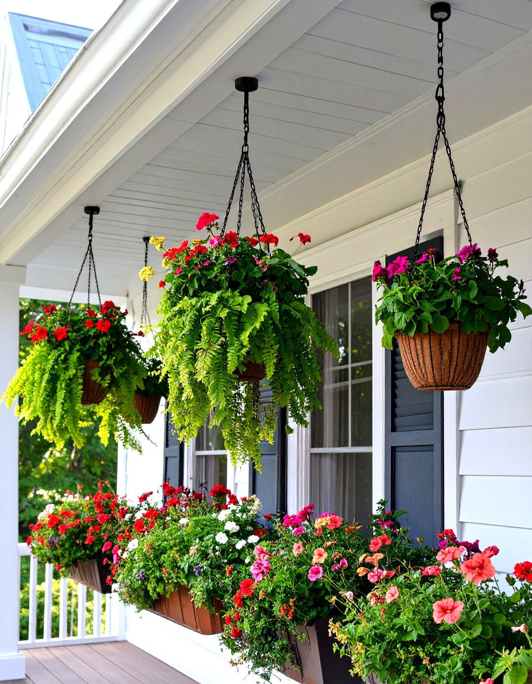 Hanging Ferns and Blooming Baskets Enliven the Farmhouse Porch - 20 Farmhouse Porch Ideas