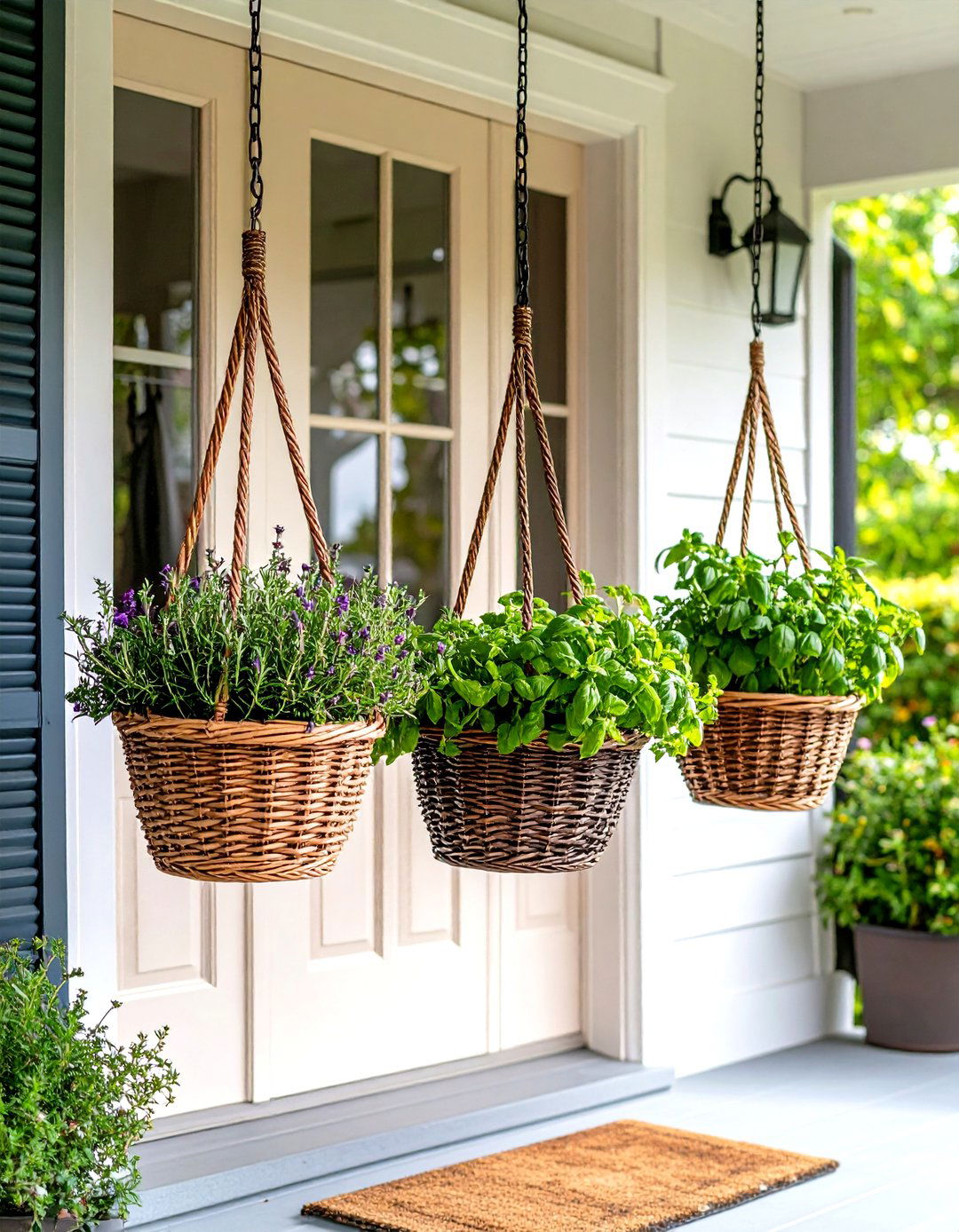 Hanging Herb Baskets - 20 Summer Front Door Decor Ideas