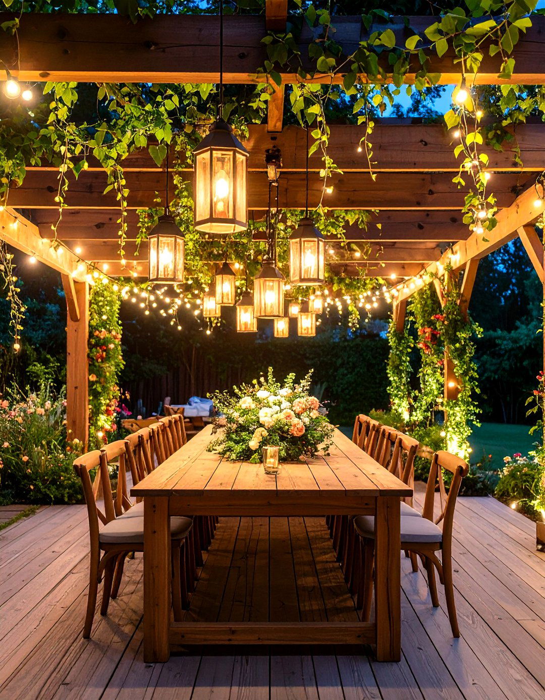 Hanging Lantern Centerpiece with Cascading Greenery Garland - 20 Lantern Centerpiece Ideas