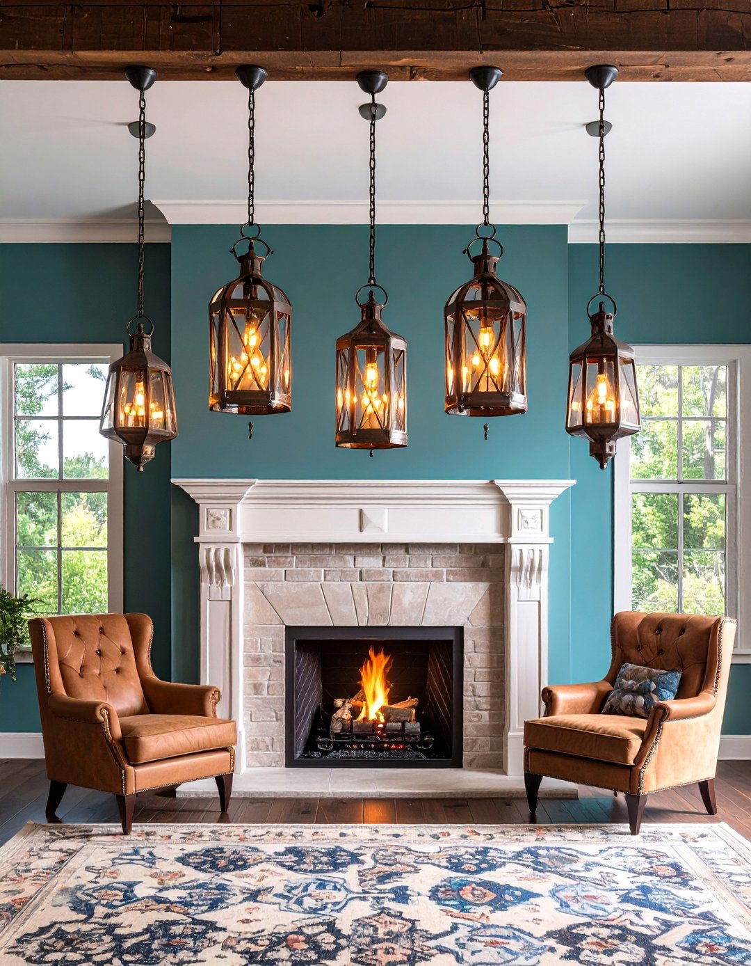 Hanging Lanterns on the Fireplace Mantel for Rustic Glow - 20 Fireplace Lighting Ideas