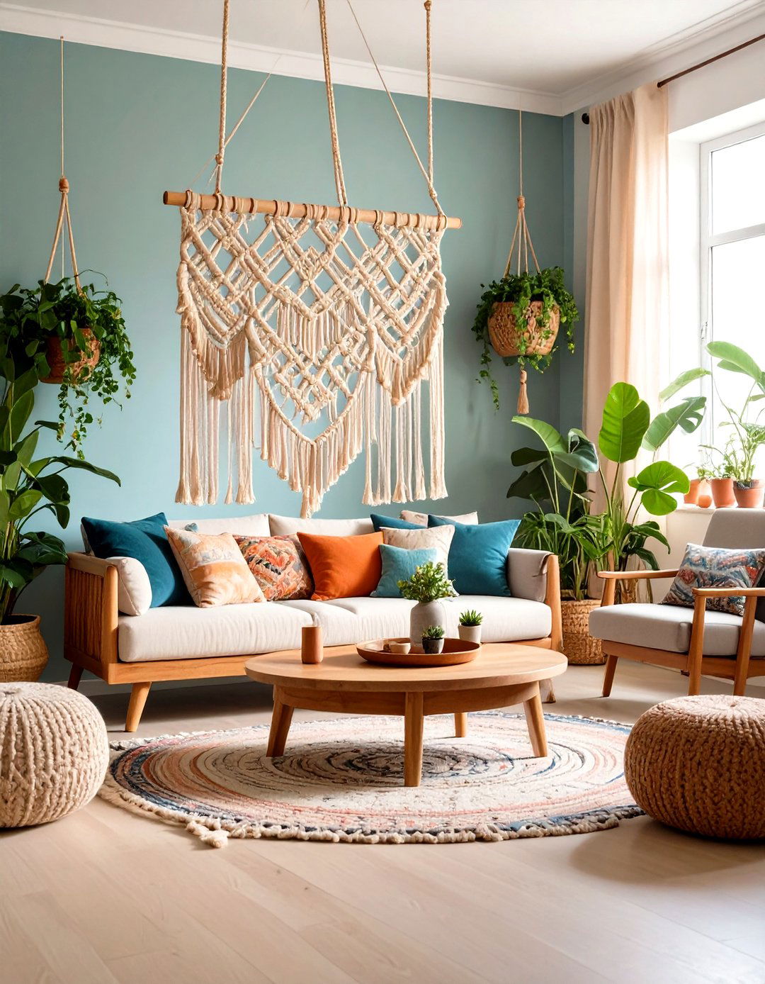 Hanging Macrame Room Divider with Wooden Dowel Frame - 20 Room Divider Ideas