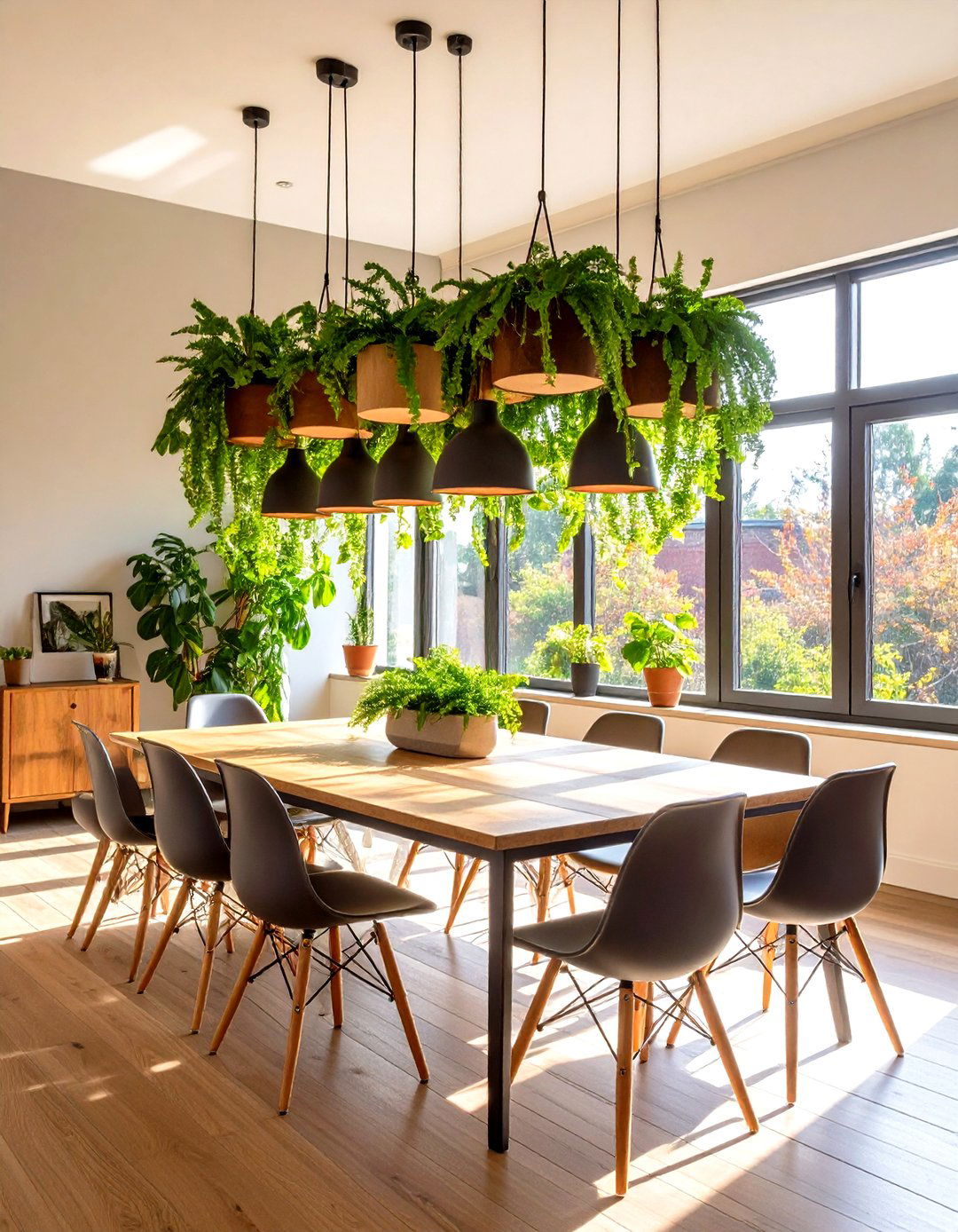 Hanging Planter Chandelier Over Dining Table - 20 Greenhouse Dining Room Ideas