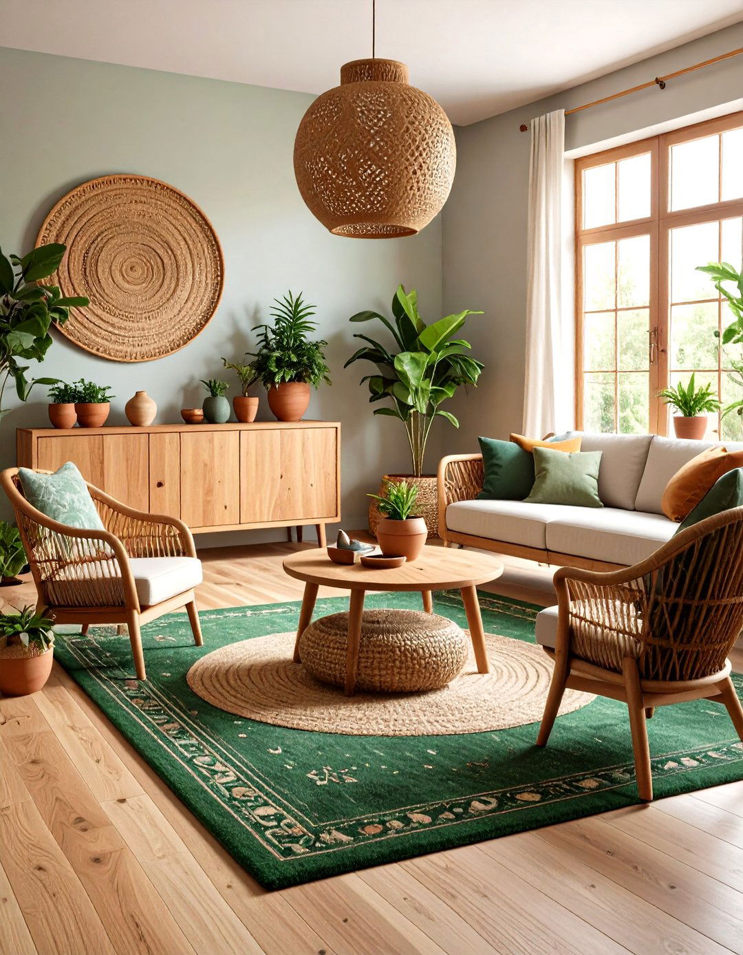 Harmonising Wood Tones with Forest Green Carpet - 20 Green Carpet Living Room Ideas