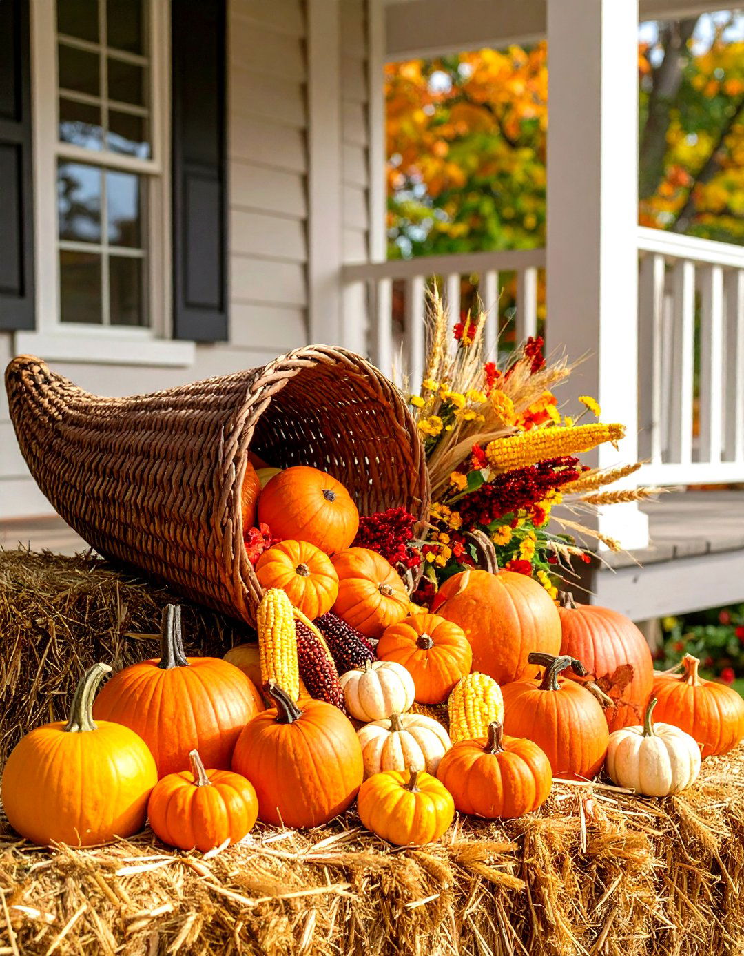 Harvest Cornucopia Fall Porch Abundance Display - 20 Fall Porch Decor Ideas