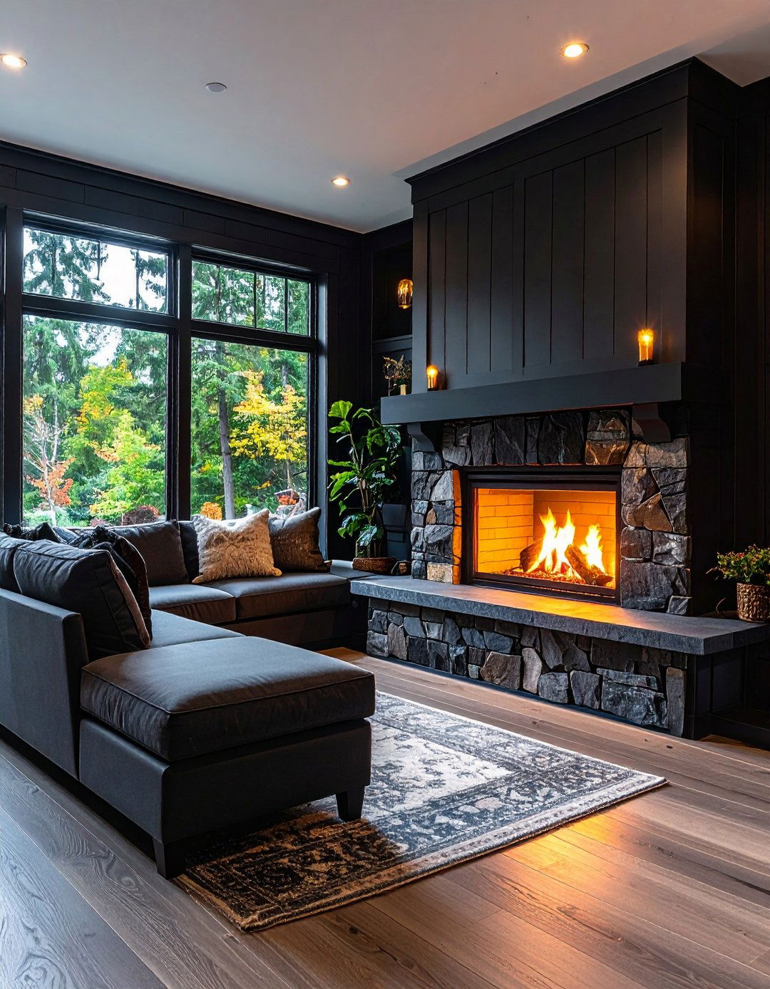 Hearth Bench Built Into a Black Shiplap Fireplace - 20 Black Shiplap Fireplace Ideas