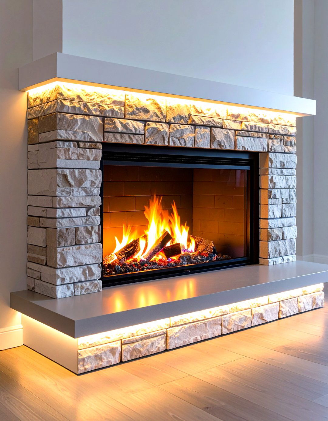 Heat Resistant LED Channel Under the Fireplace Mantel - 20 Fireplace Lighting Ideas