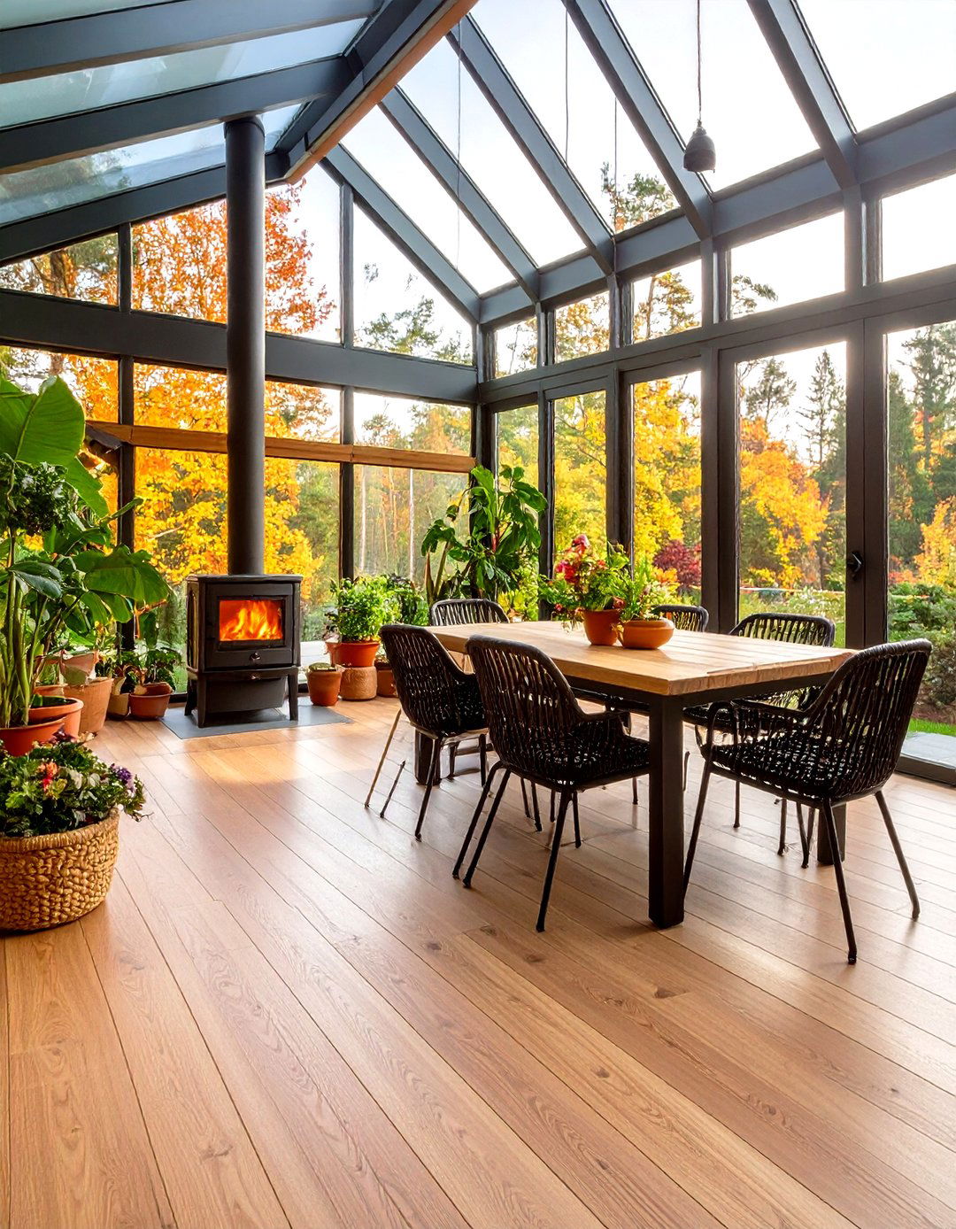 Heated Floor and Hearth Feature in Greenhouse Dining Room - 20 Greenhouse Dining Room Ideas