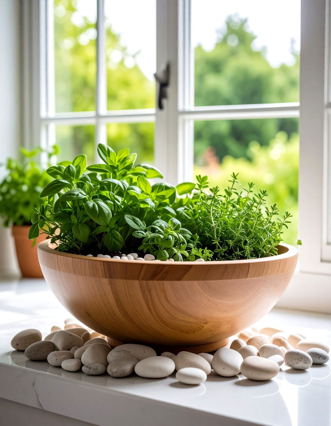 Herb Garden Dough Bowl for the Kitchen Window - 20 Dough Bowl Decor Ideas