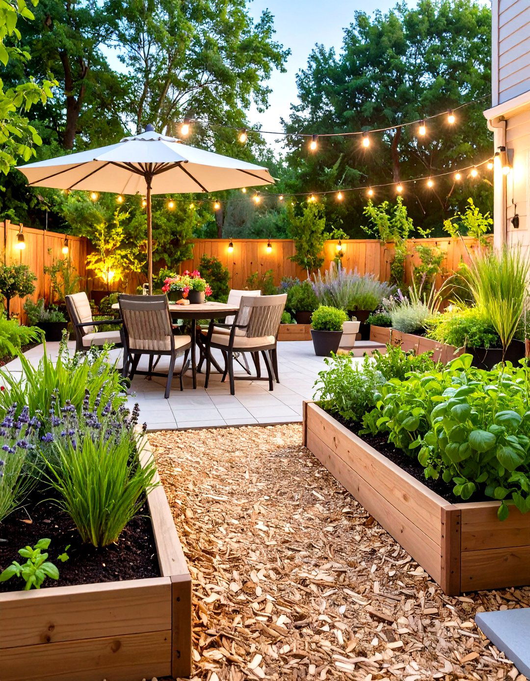 Herb Garden Mulch Patio with Raised Beds - 20 mulch patio ideas