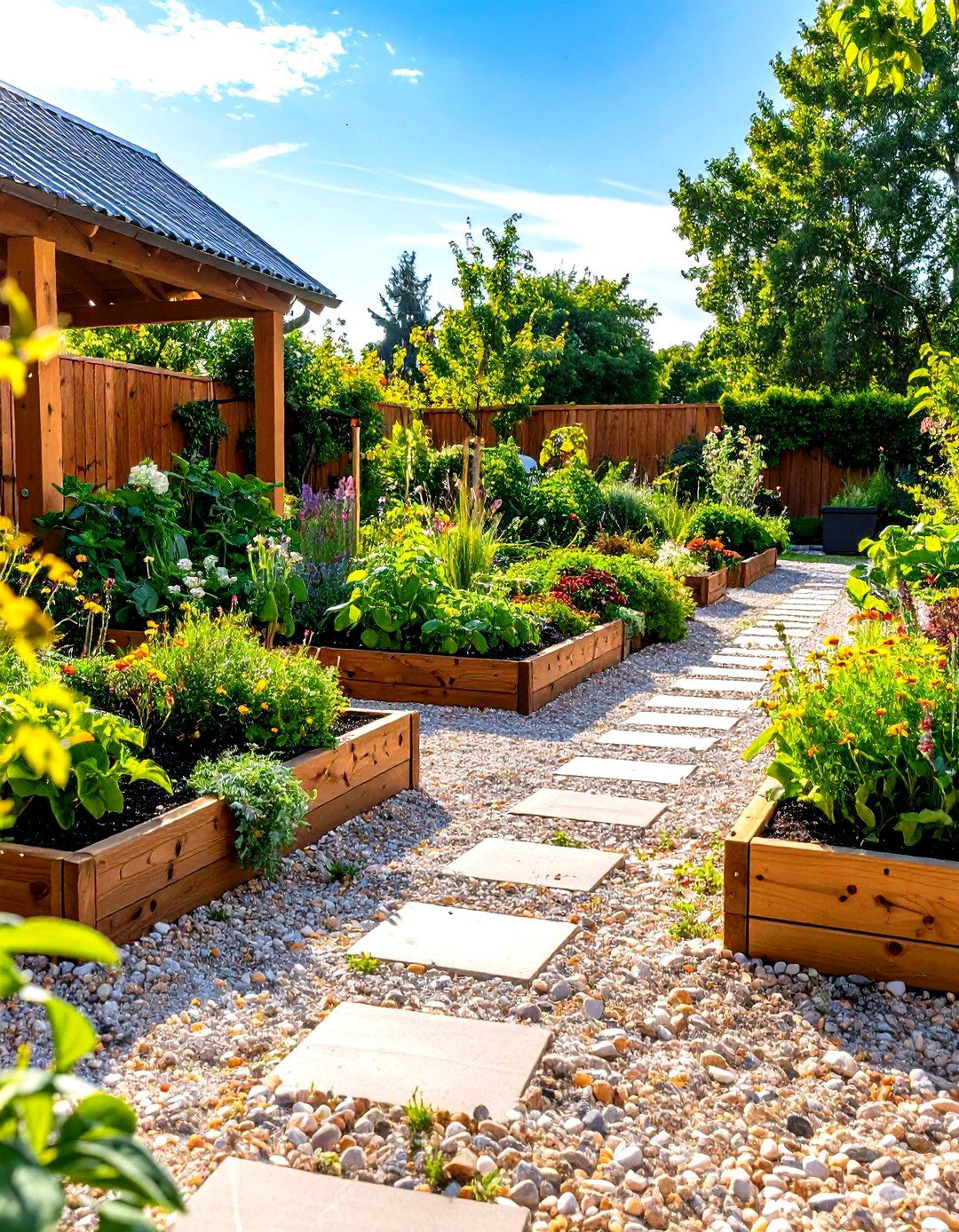 Herb Garden Pea Gravel Walkway with Raised Planting Beds - 20 Pea Gravel Walkway Ideas