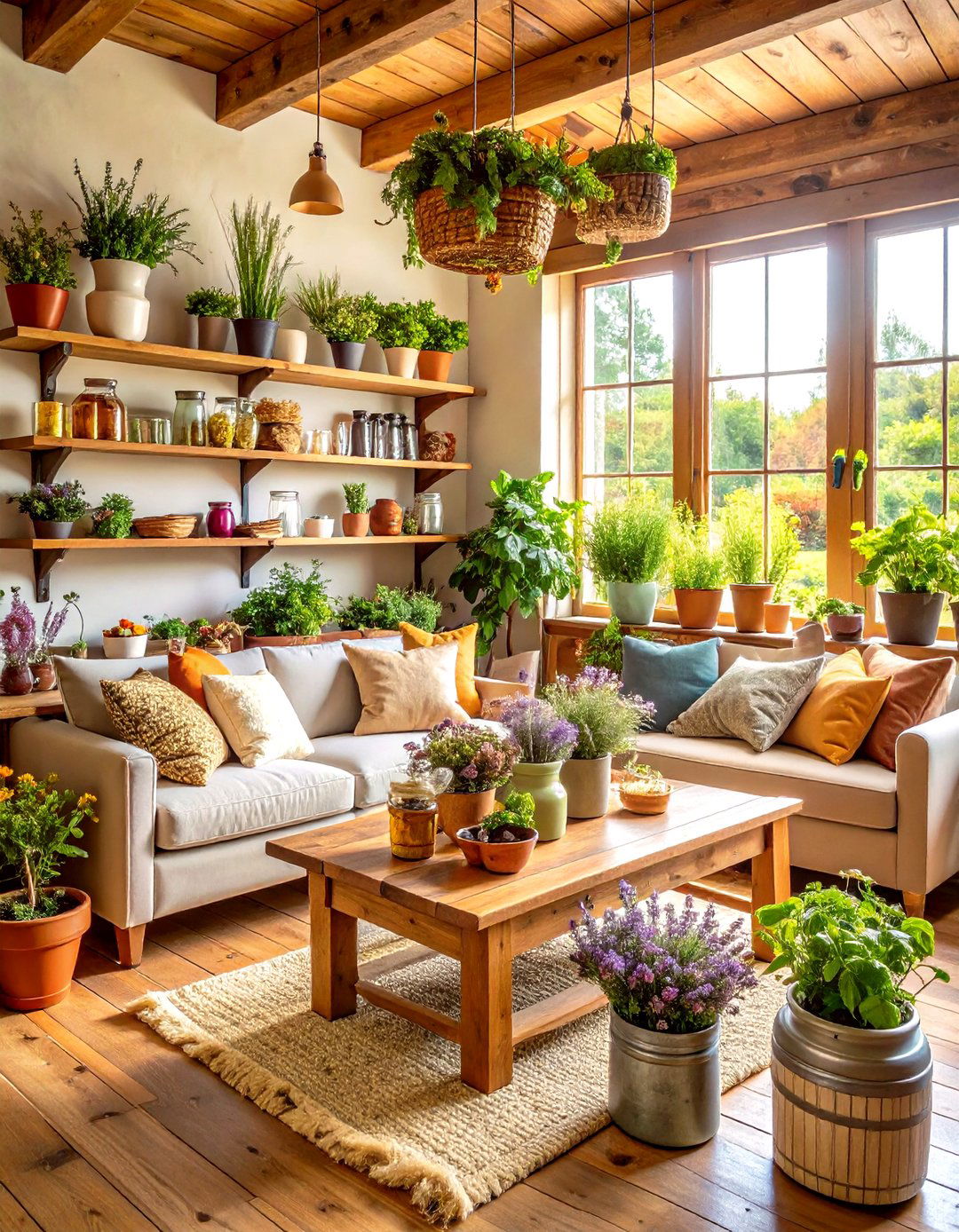 Herb Garden Primitive Living Room with Natural Elements - 20 Primitive Living Room Ideas